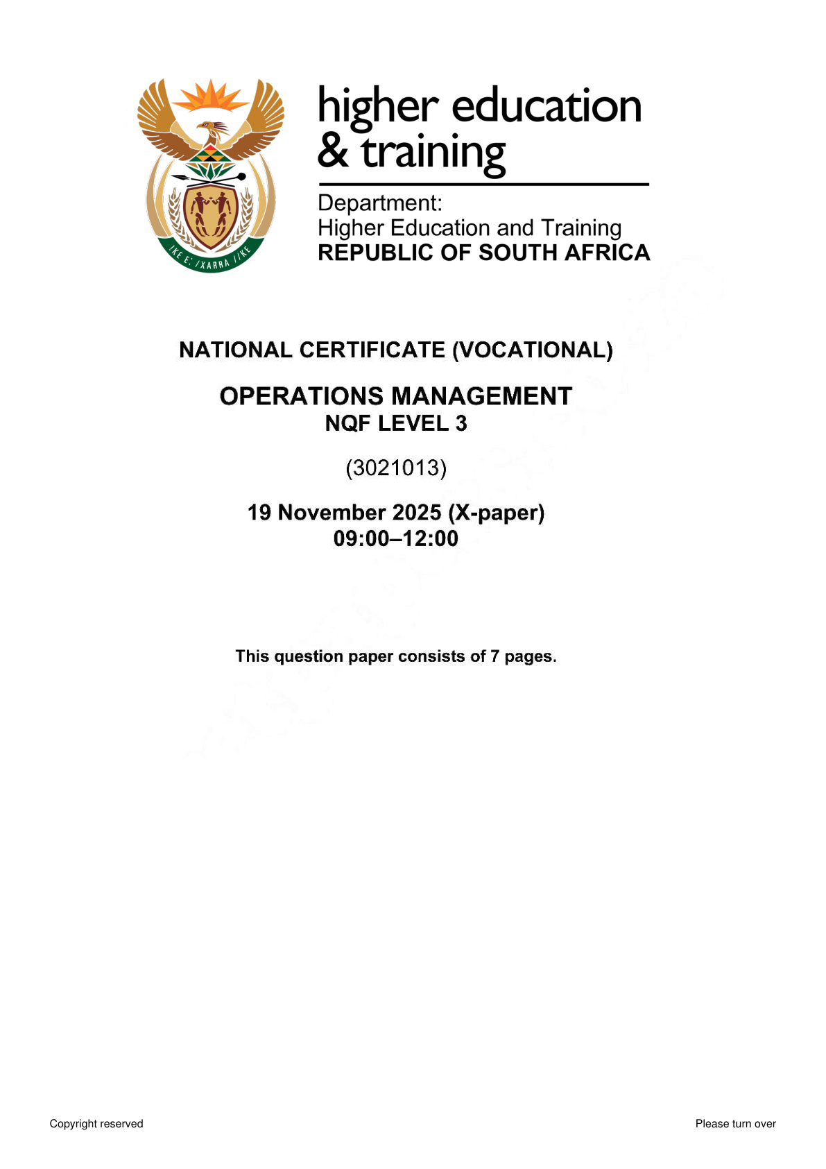 Operations Management Level 3 DHET NCV November 2025 - Question Paper