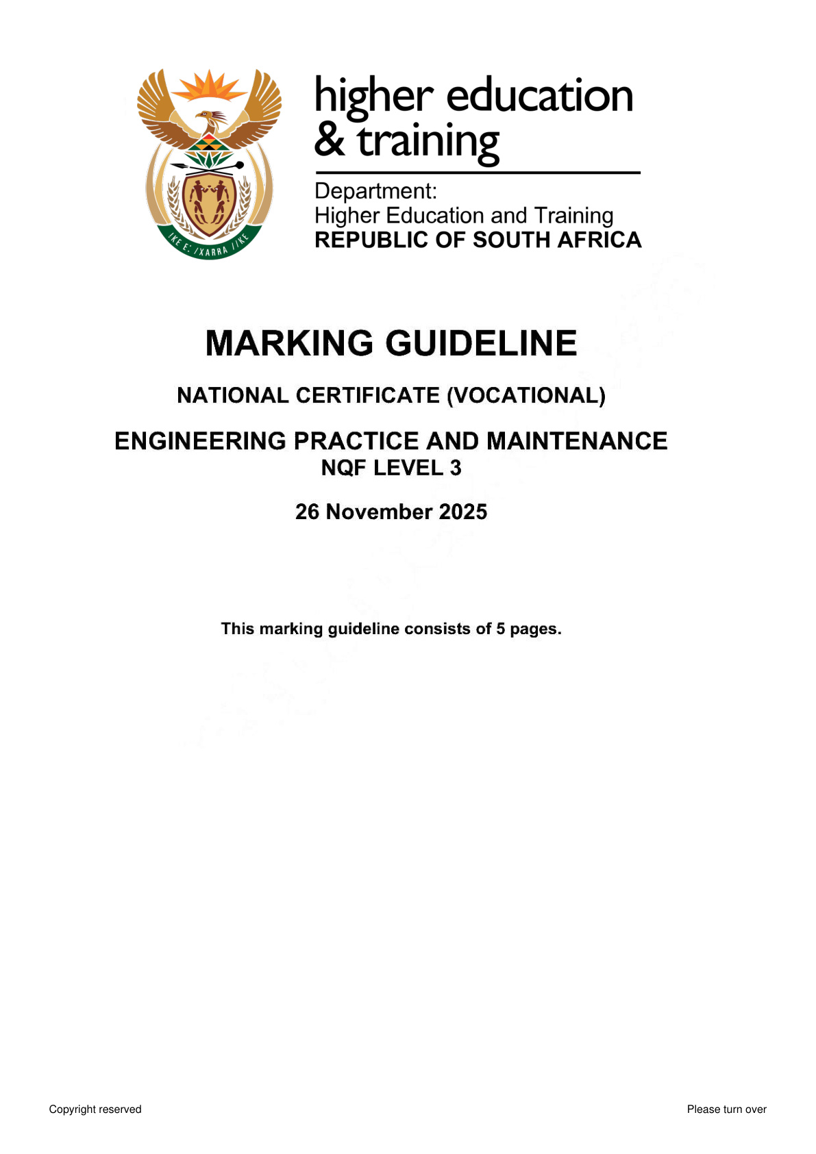 Engineering Practice and Maintenance Level 3 DHET NCV November 2025 - Memo