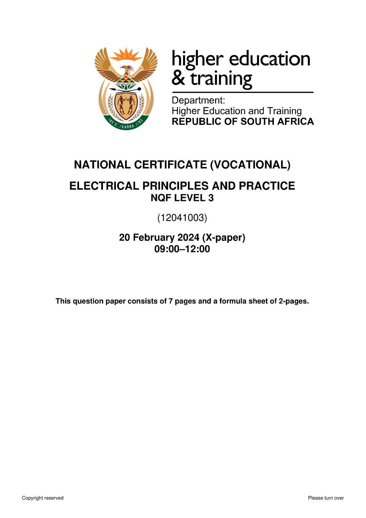 Electrical Principles and Practice Level 3 DHET NCV 2024 - Question Paper