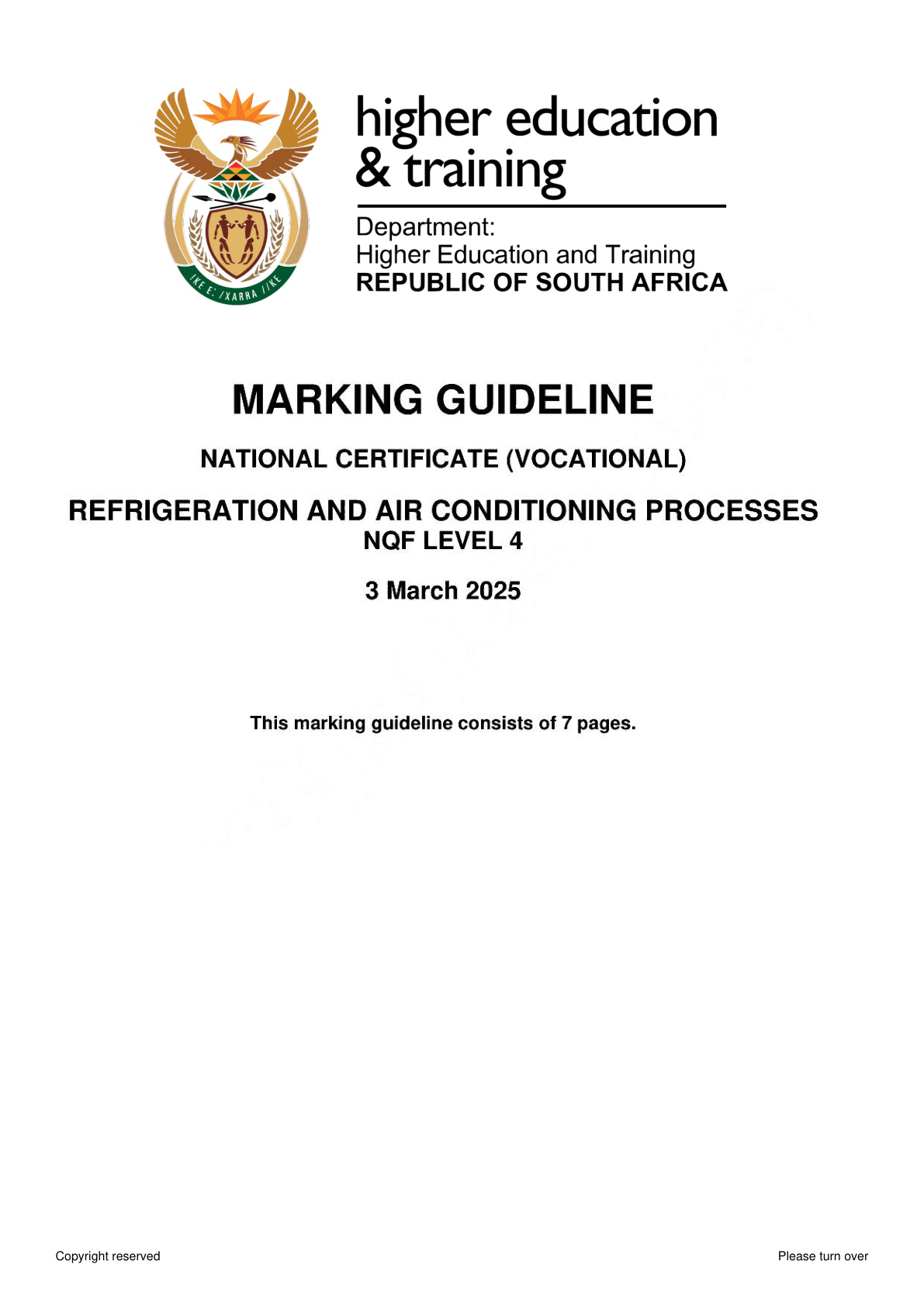 Refrigeration and Air Conditioning Processes Level 4 DHET NCV February 2025 - Memo
