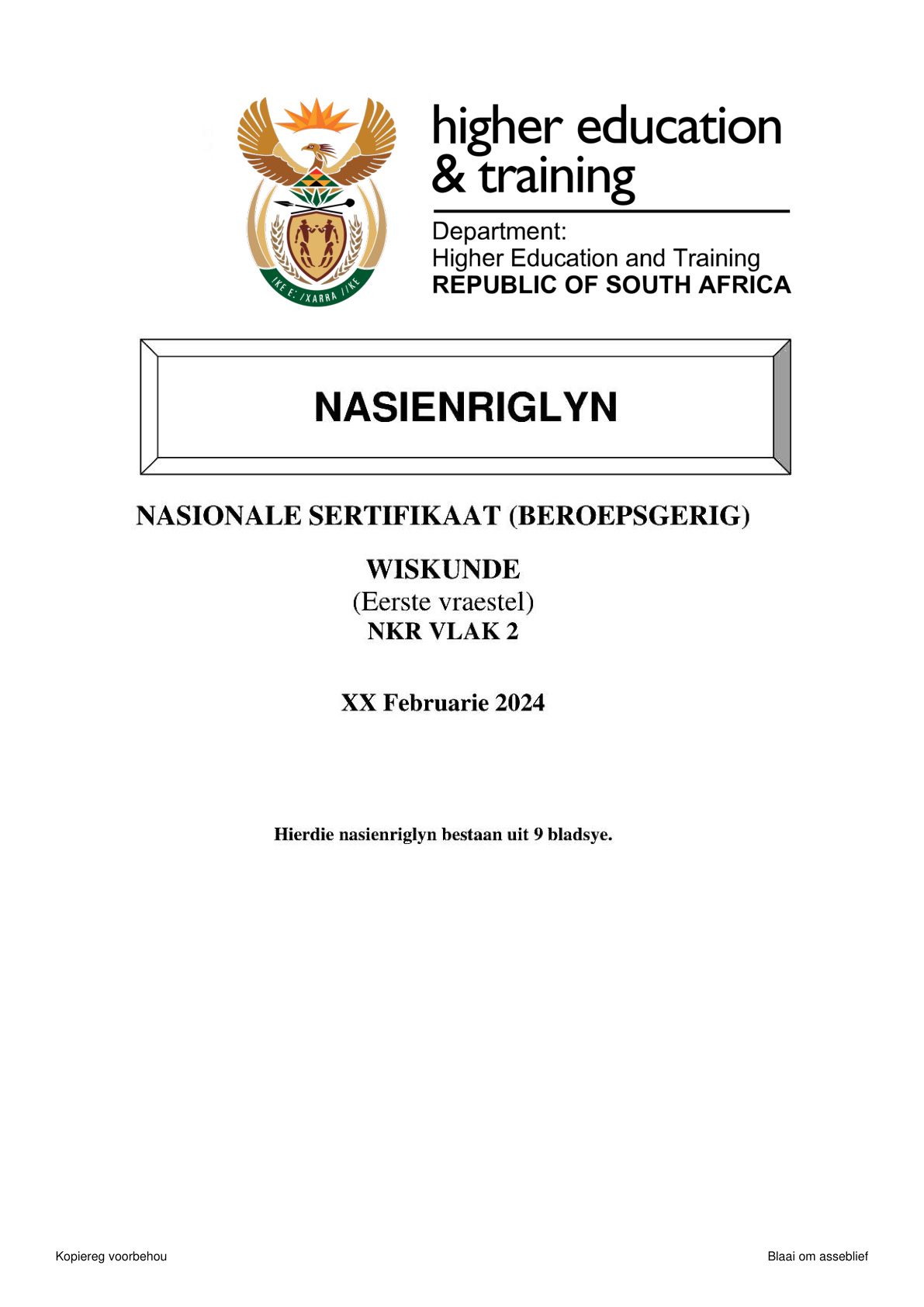 Mathematics Level 2 DHET NCV 2024 Paper 1 - Memo