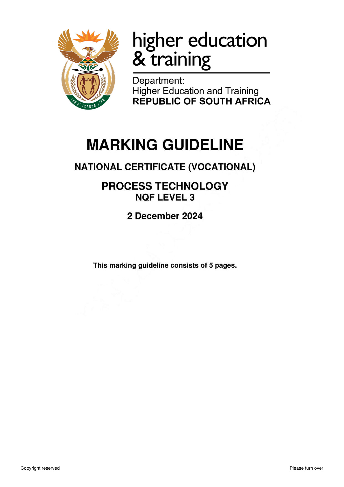 Process Technology Level 3 DHET NCV November 2024 - Memo