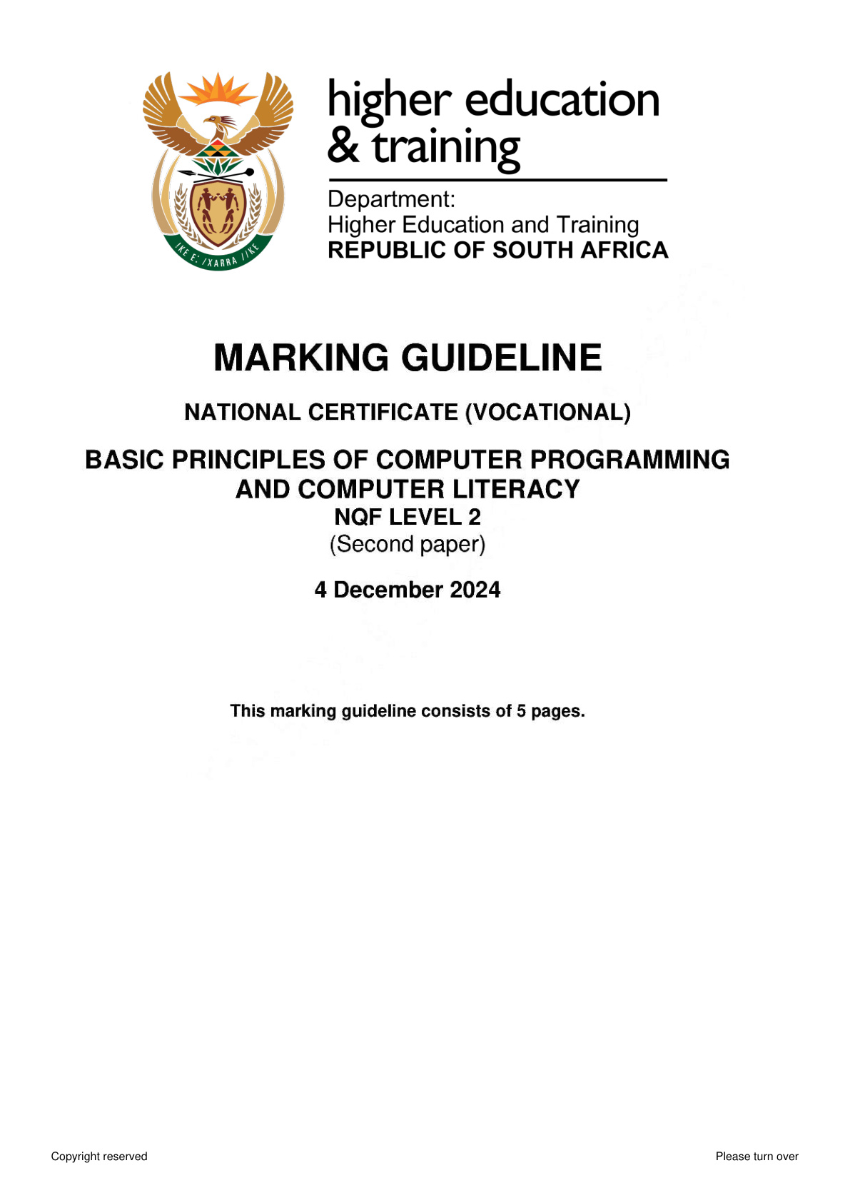 Basic Principles of Computer Programming and Computer Literacy Level 2 DHET NCV November 2014 Paper 2 - Memo