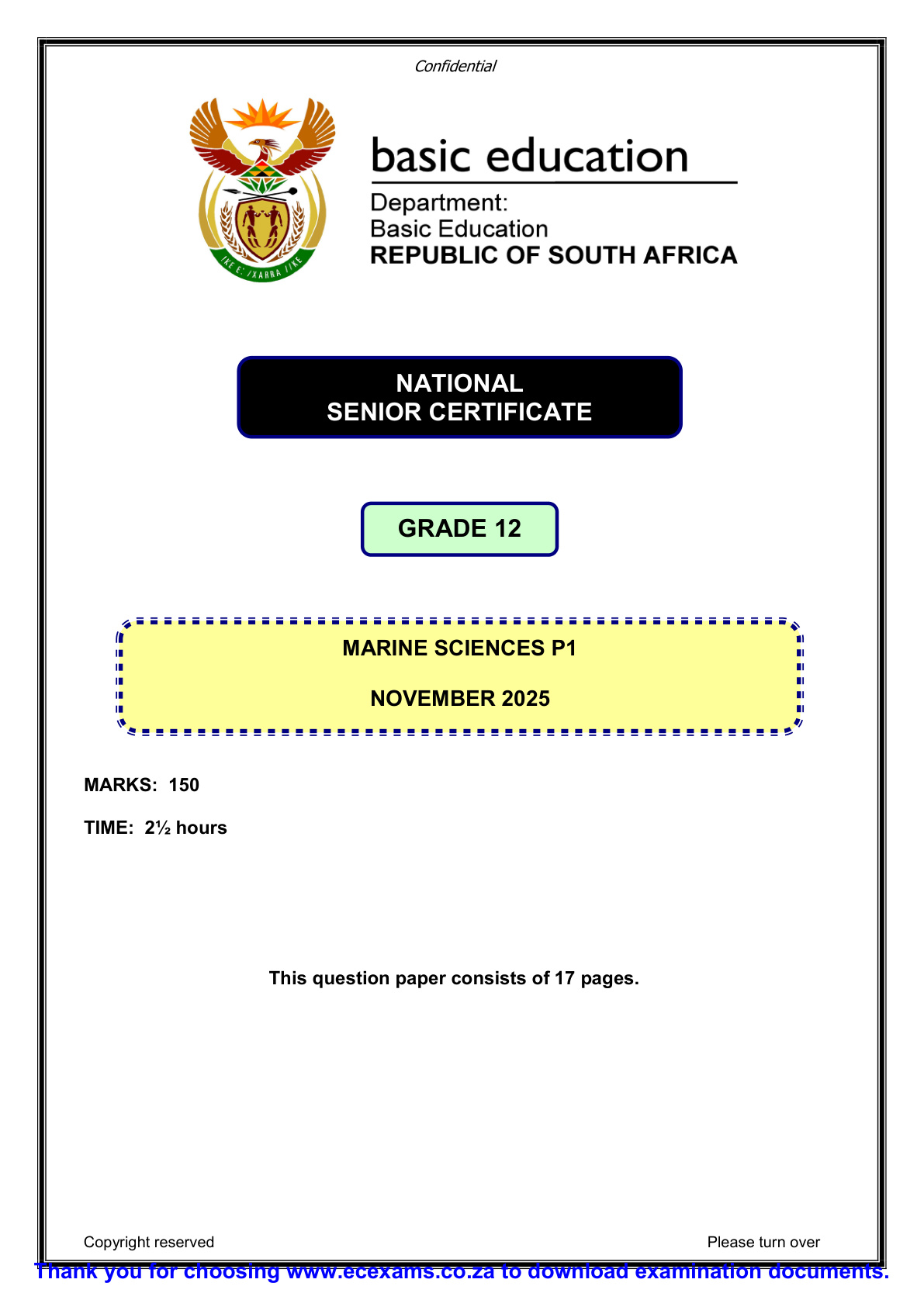 Marine Sciences Grade 12 DBE NSC November 2025 Paper 1 - Question Paper (Eastern Cape)