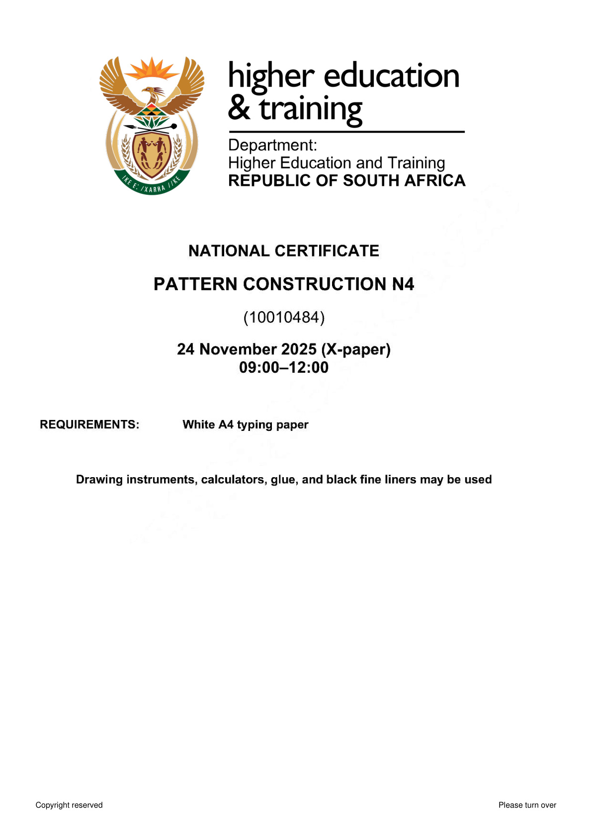 Pattern Construction N4 DHET NATED November 2025 Paper X - Question Paper