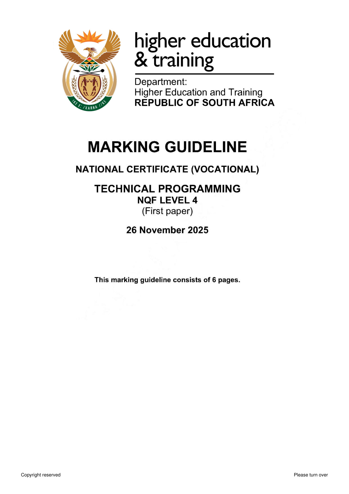 Technical Programming Level 4 DHET NCV November 2025 Paper 1 - Memo