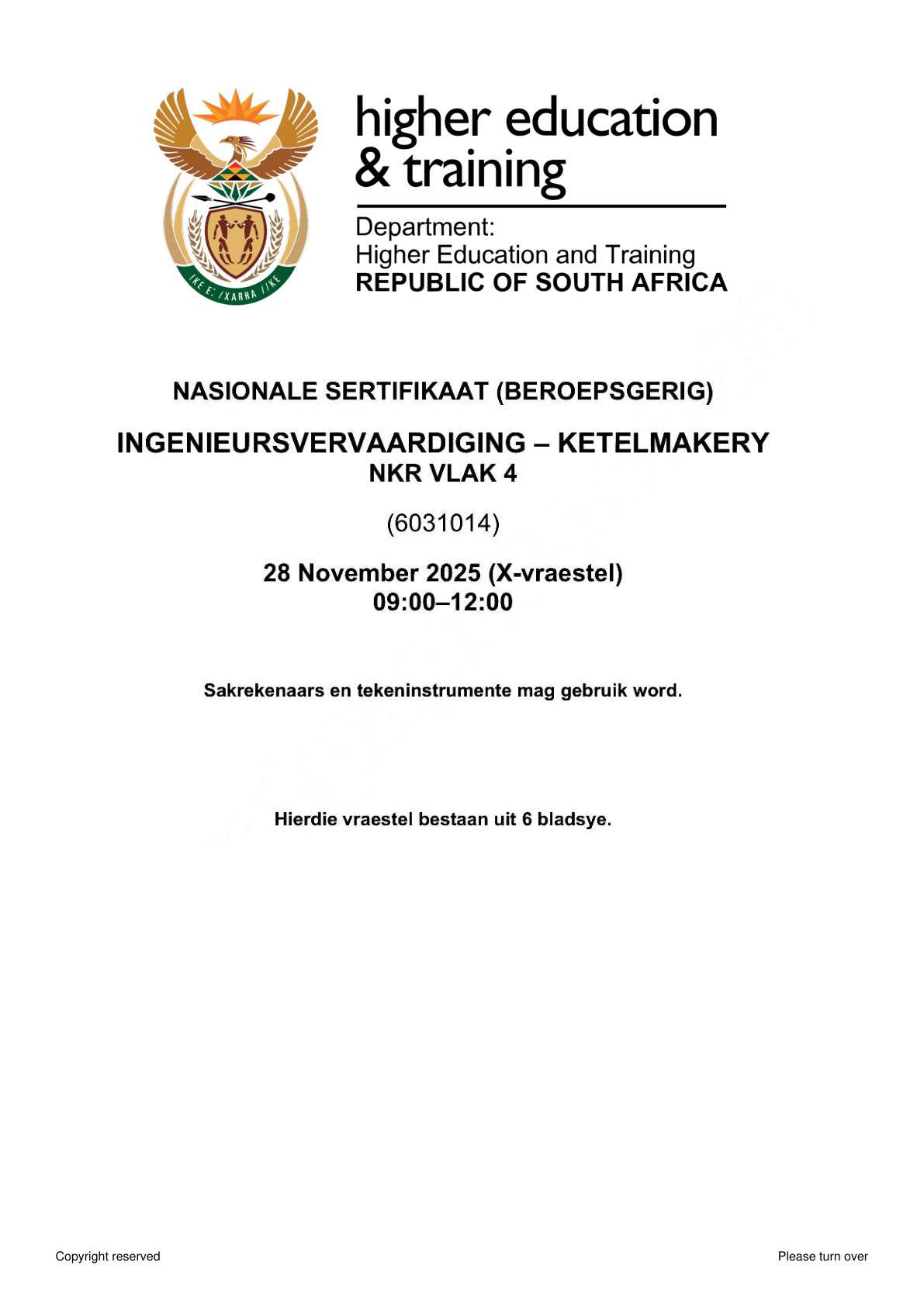 Engineering Fabrication: Boilermaking Level 4 DHET NCV November 2025 - Question Paper