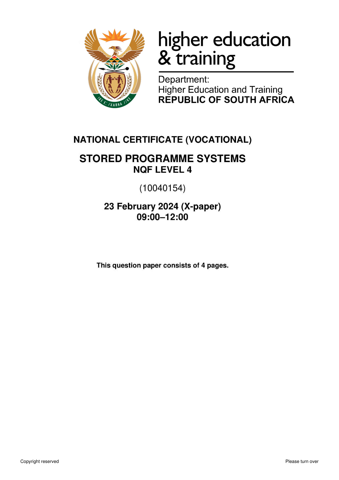 Stored Programme Systems Level 4 DHET NCV 2024 - Question Paper