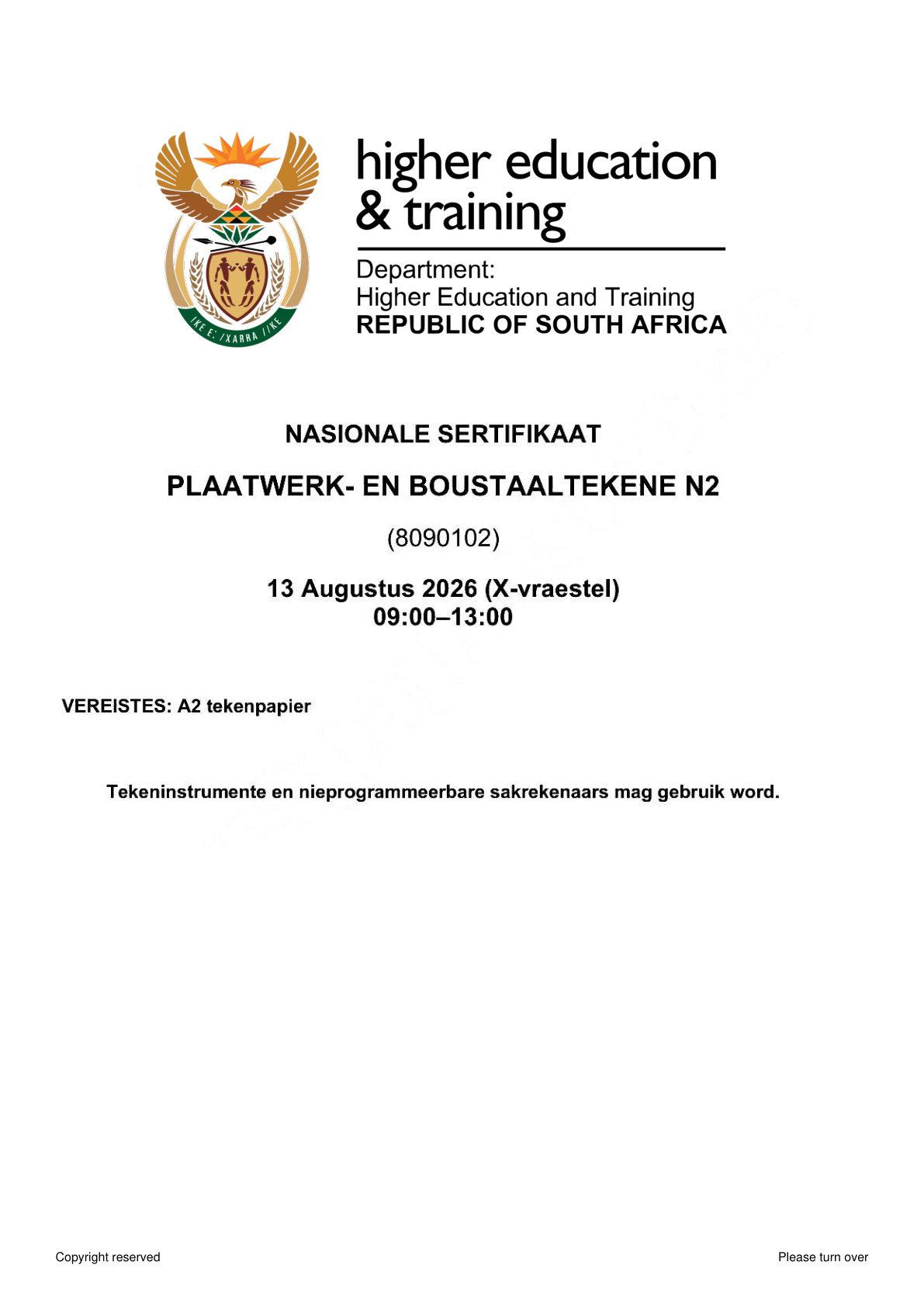 Plating and Structural Steel Drawing N2 DHET NATED August 2026 Paper X - Question Paper