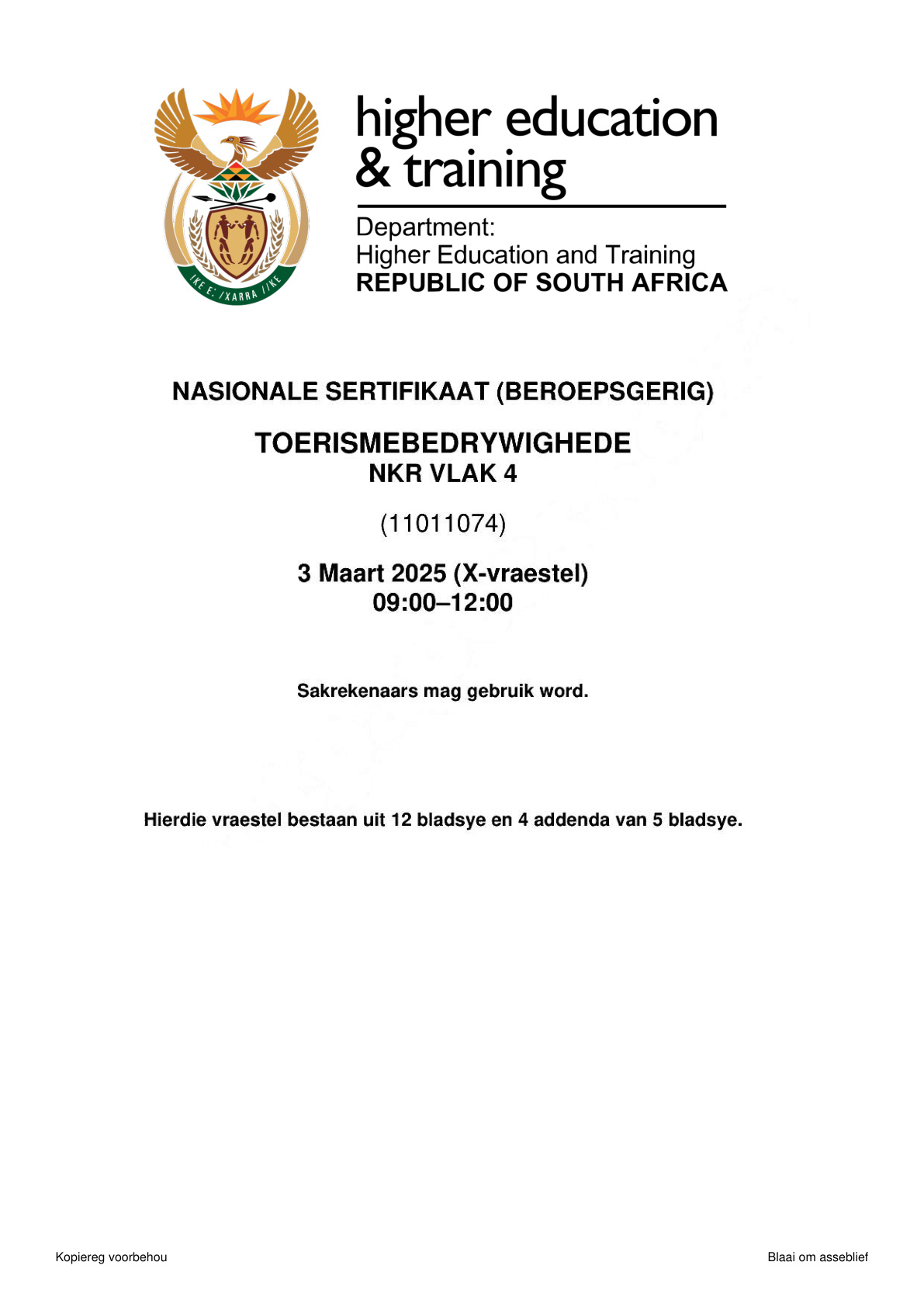 Tourism Operations Level 4 DHET NCV February 2025 - Question Paper