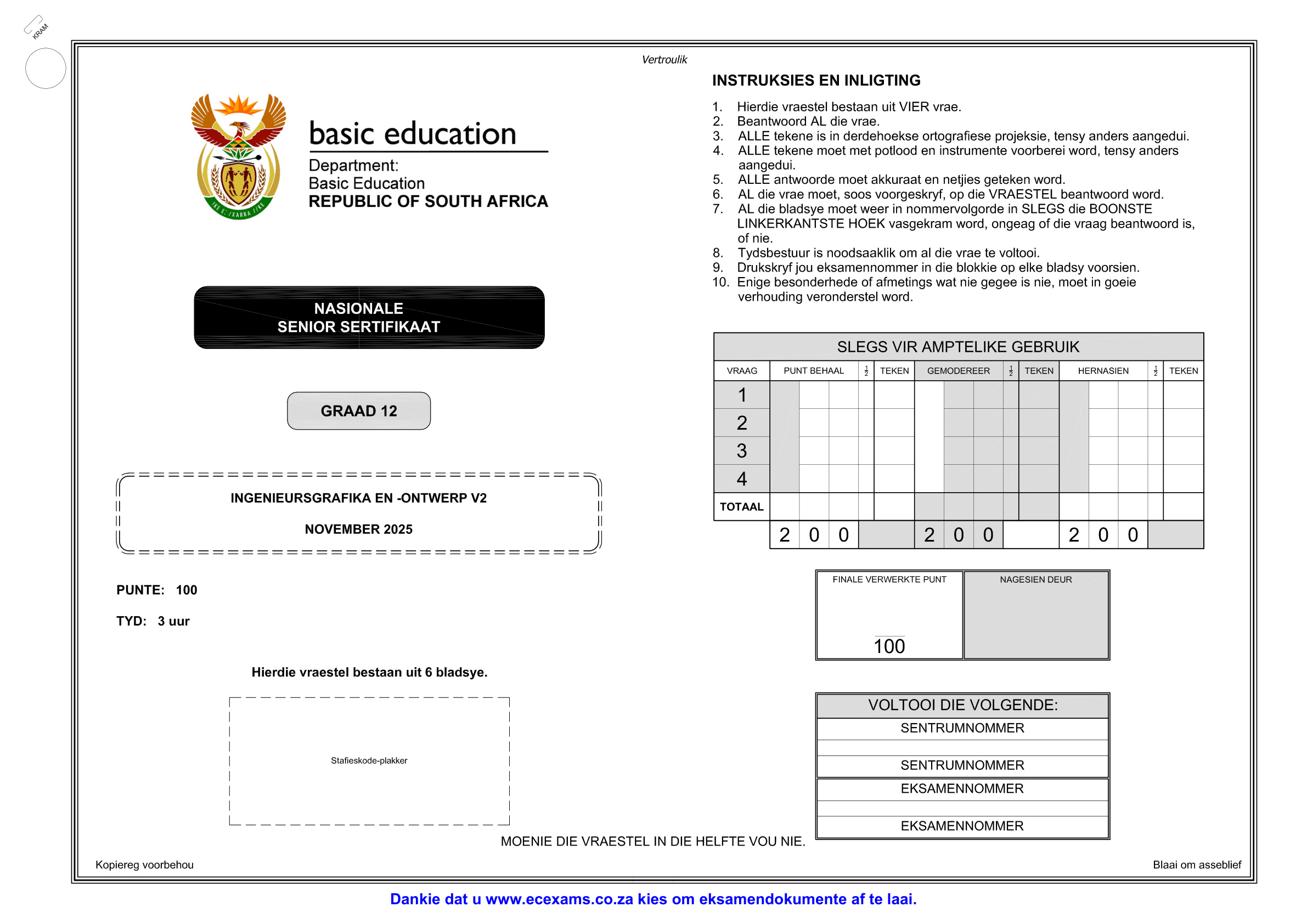 Engineering Graphics And Design Grade 12 DBE NSC November 2025 Paper 2 - Question Paper (Eastern Cape)