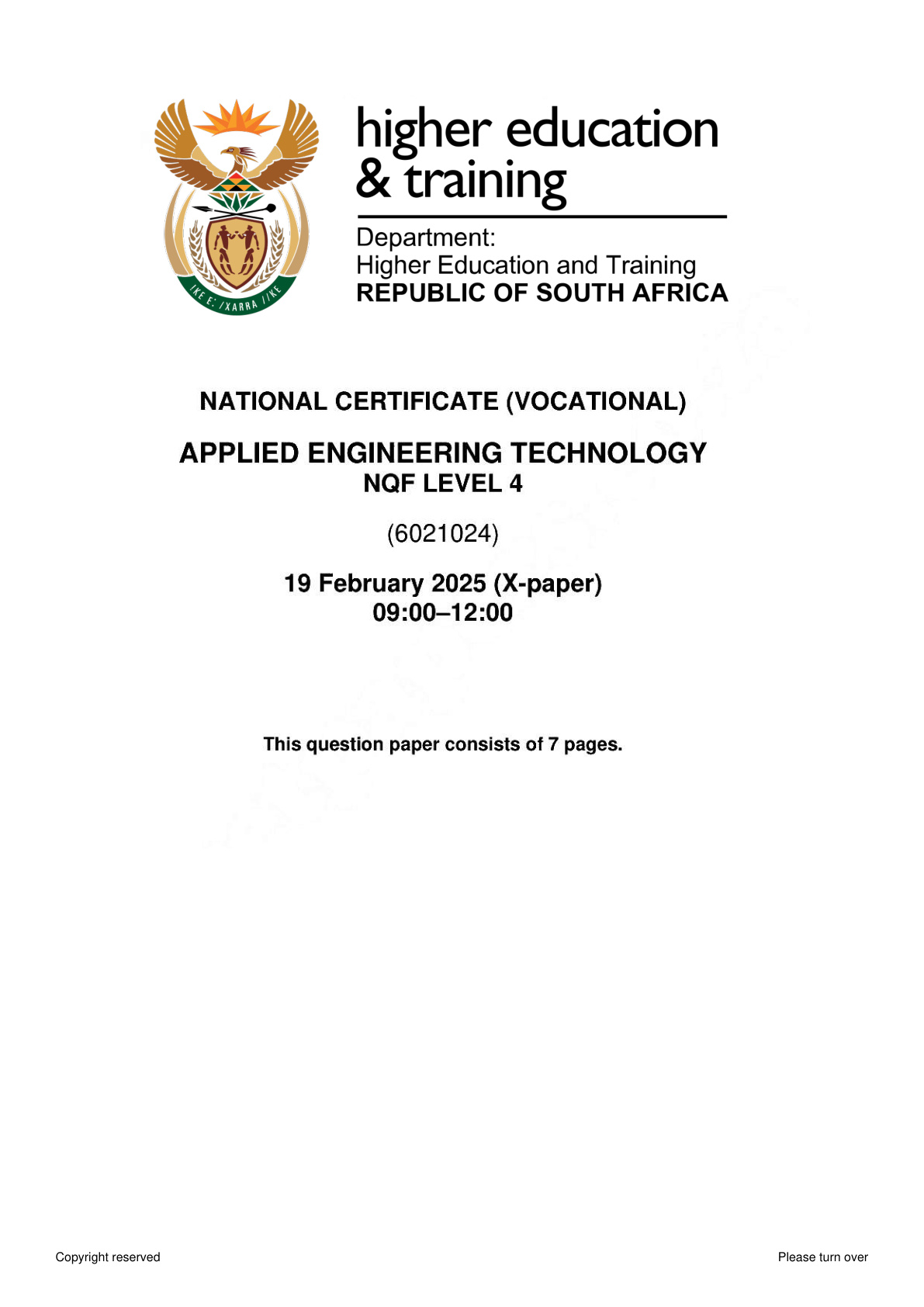Applied Engineering Technology Level 4 DHET NCV February 2025 - Question Paper