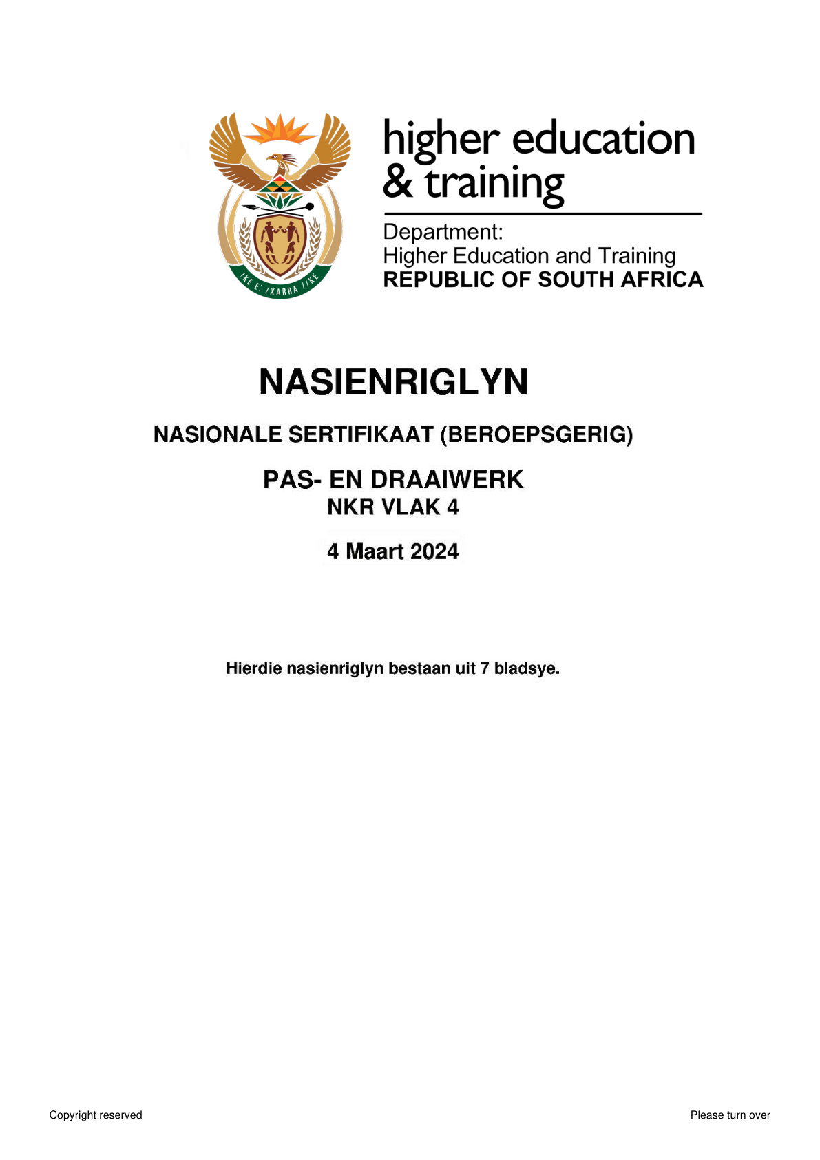 Fitting and Turning Level 4 DHET NCV February 2024 - Memo