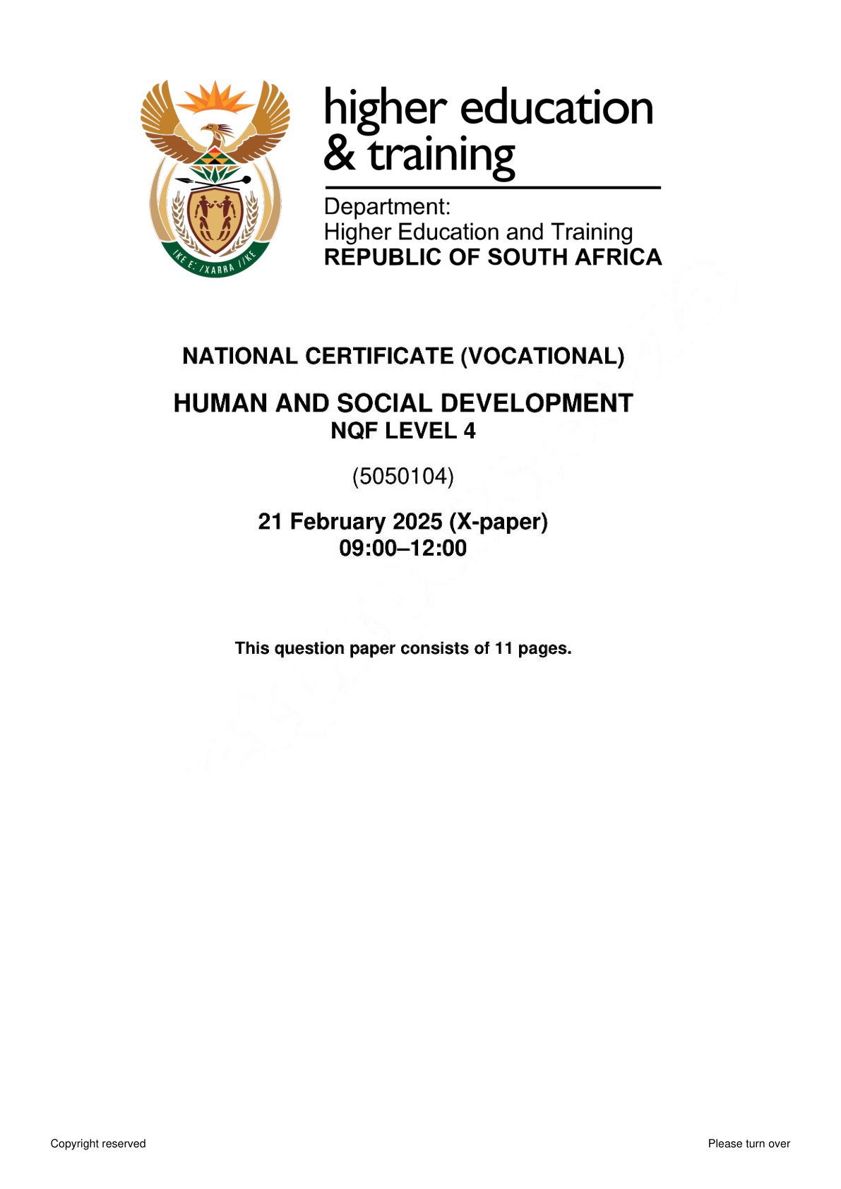 Human and Social Development Level 4 DHET NCV February 2025 - Question Paper