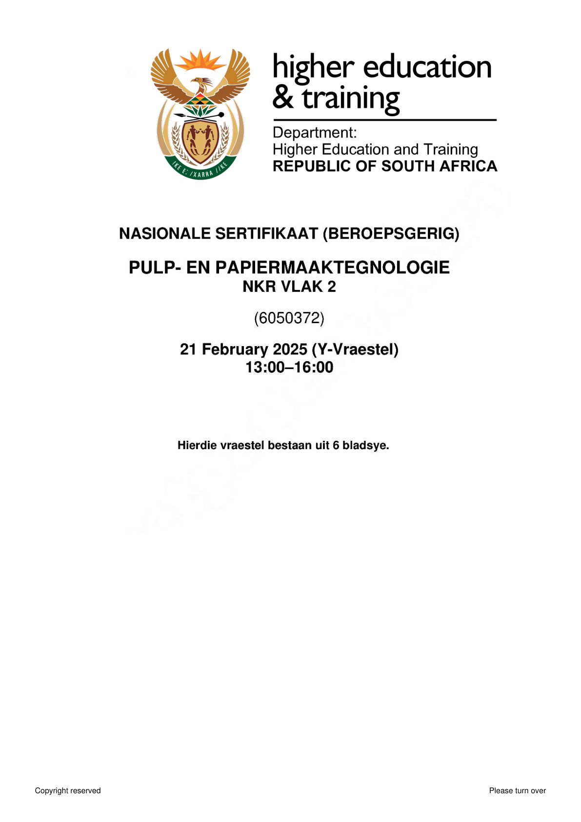 Pulp and Papermaking Technology Level 2 DHET NCV February 2025 - Question Paper