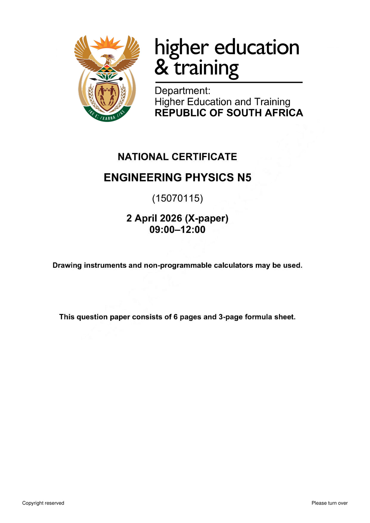 Engineering Physics N5 DHET NATED April 2026 Paper X - Question Paper