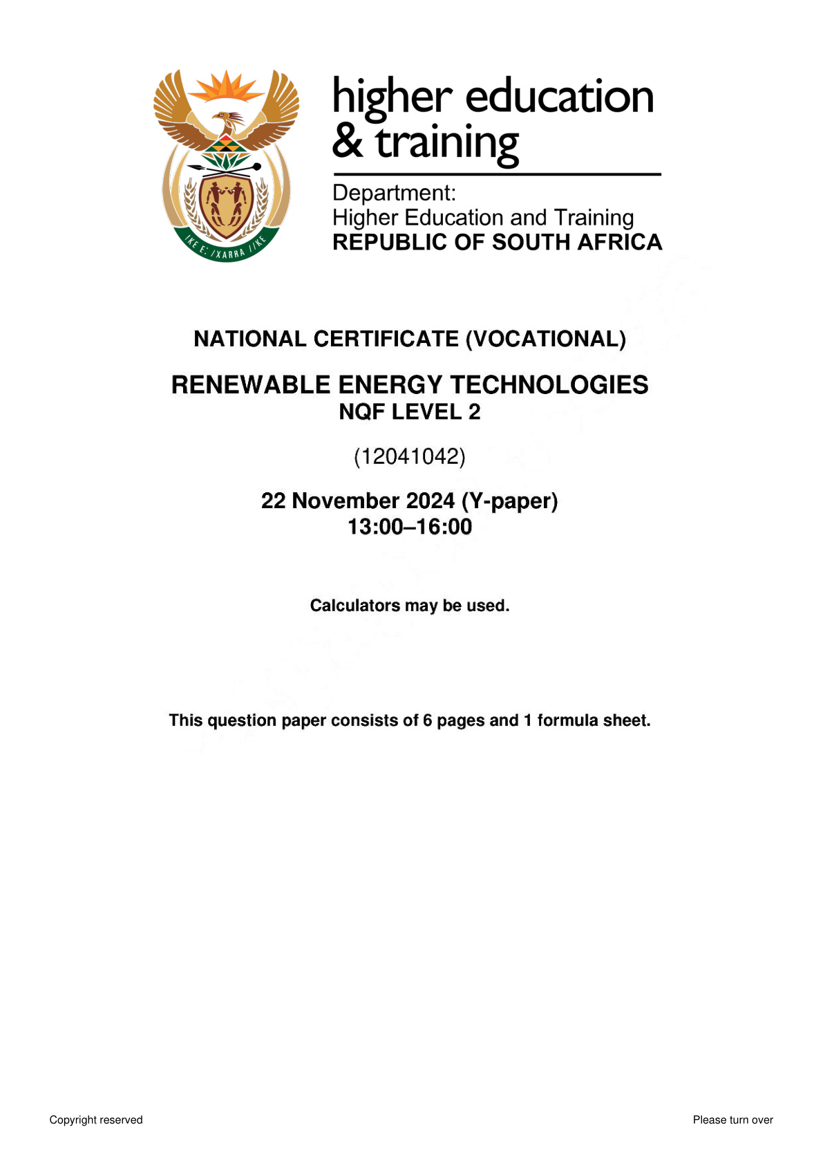 Renewable Energy Technologies Level 2 DHET NCV November 2024 - Question Paper