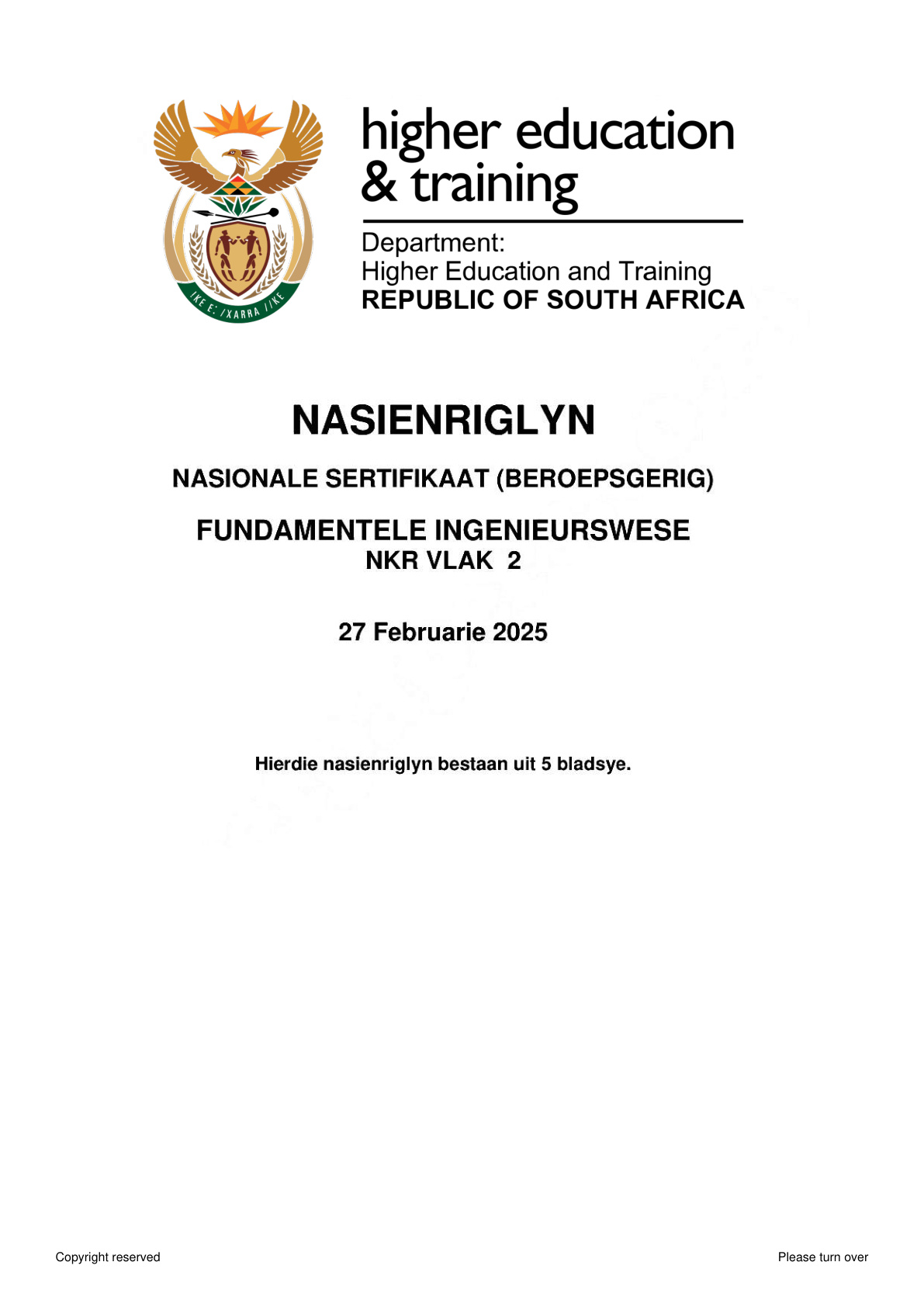 Engineering Fundamentals Level 2 DHET NCV February 2025 - Memo