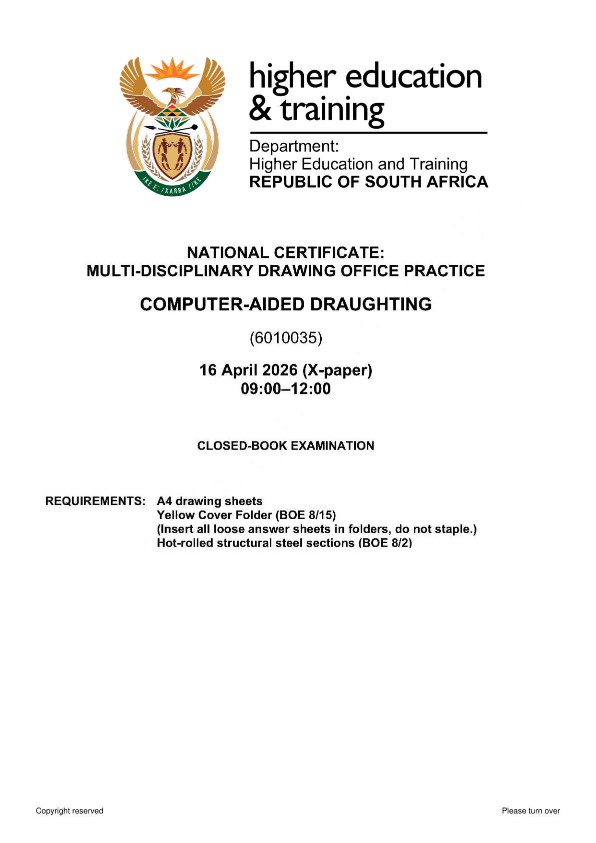 Computer Aided Draughting DHET NATED April 2026 - Question Paper