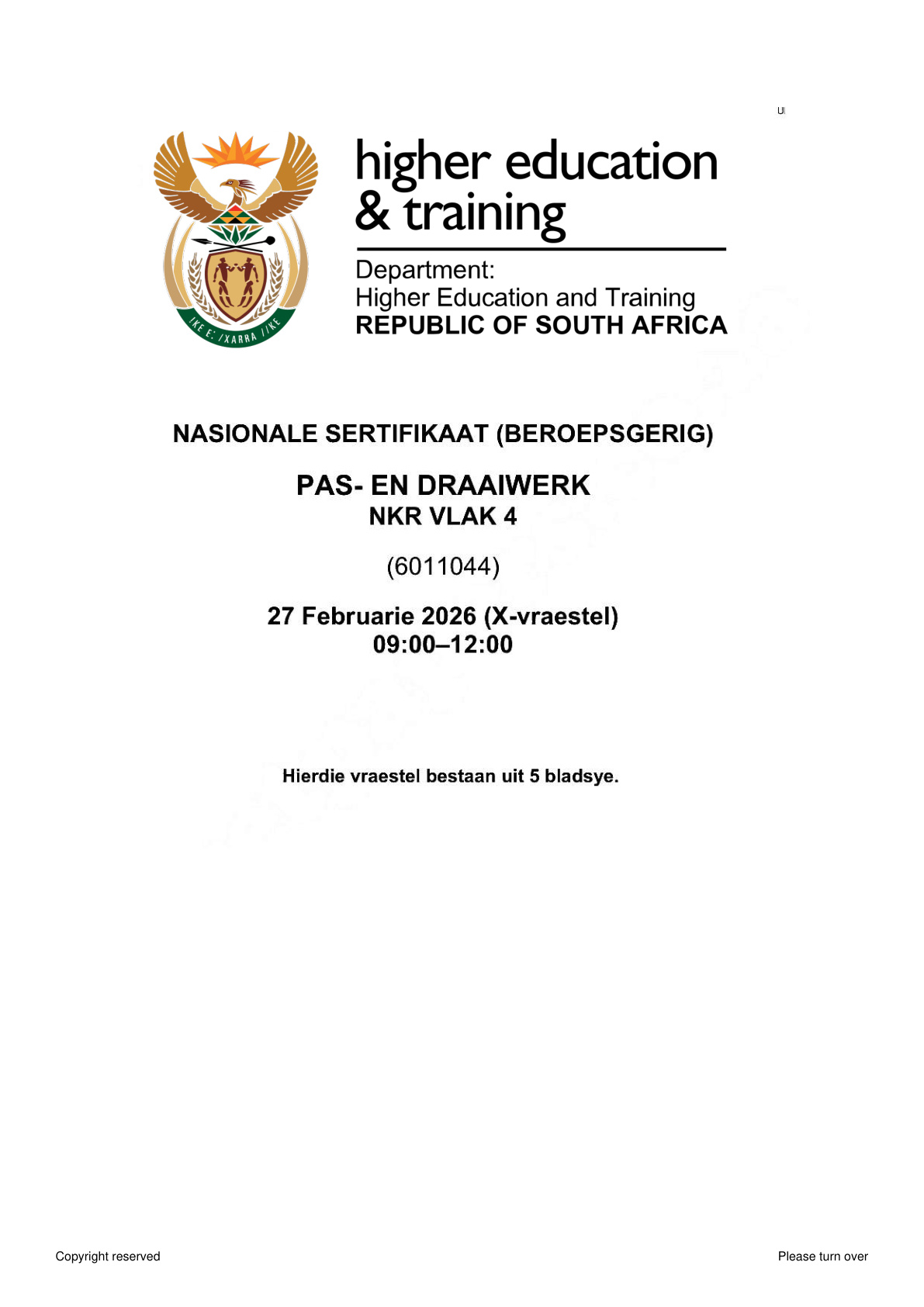 Fitting and Turning Level 4 DHET NCV February 2026 - Question Paper