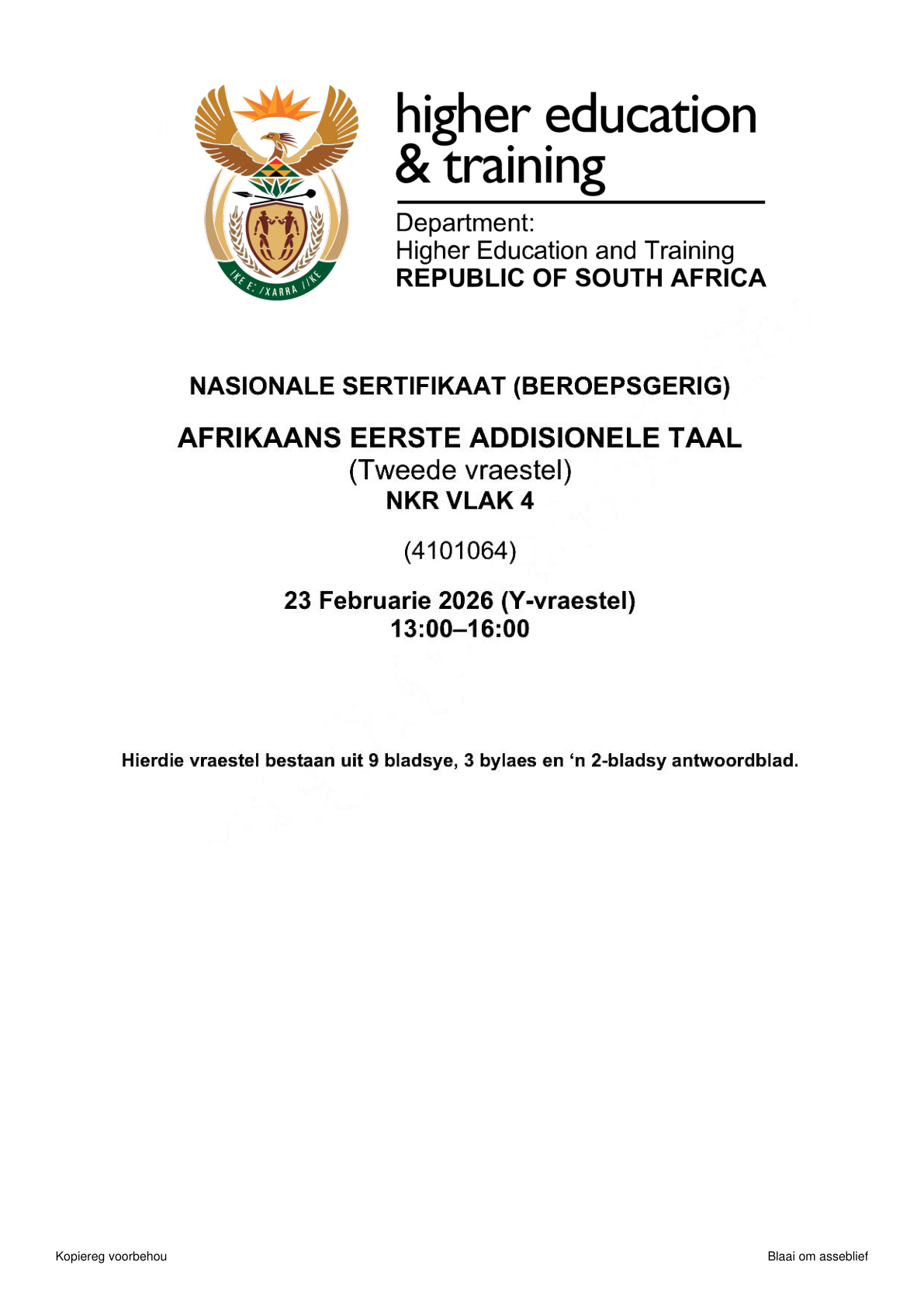 Afrikaans First Additional Language Level 4 DHET NCV 2026 Paper 2 - Question Paper
