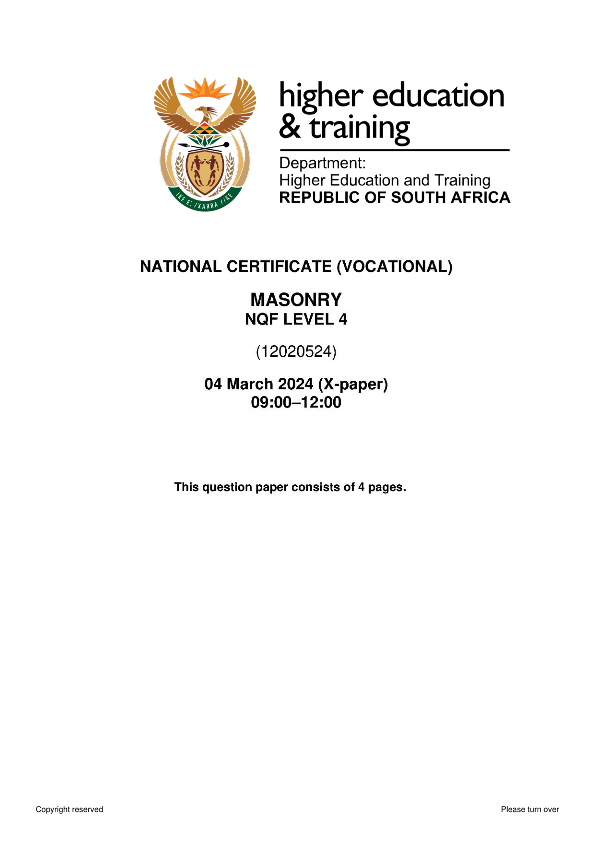 Masonry Level 4 DHET NCV February 2024 - Question Paper