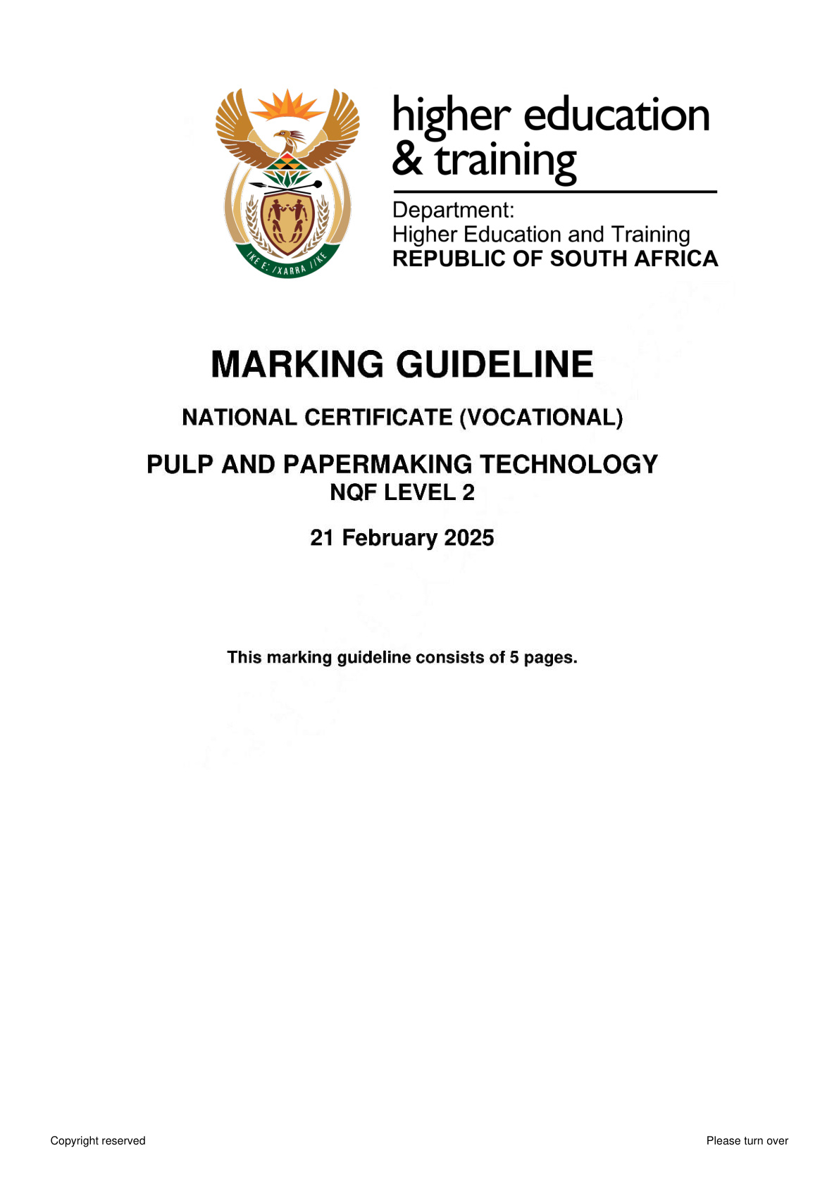 Pulp and Papermaking Technology Level 2 DHET NCV February 2025 - Memo