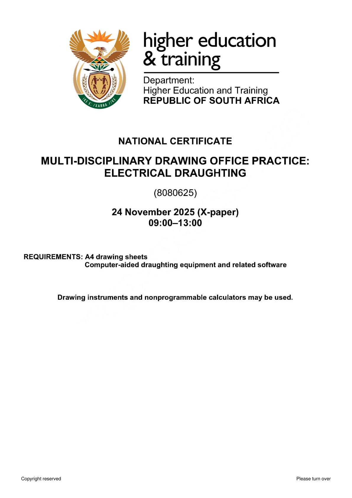 Electrical Draughting DHET NATED November 2025 - Question Paper