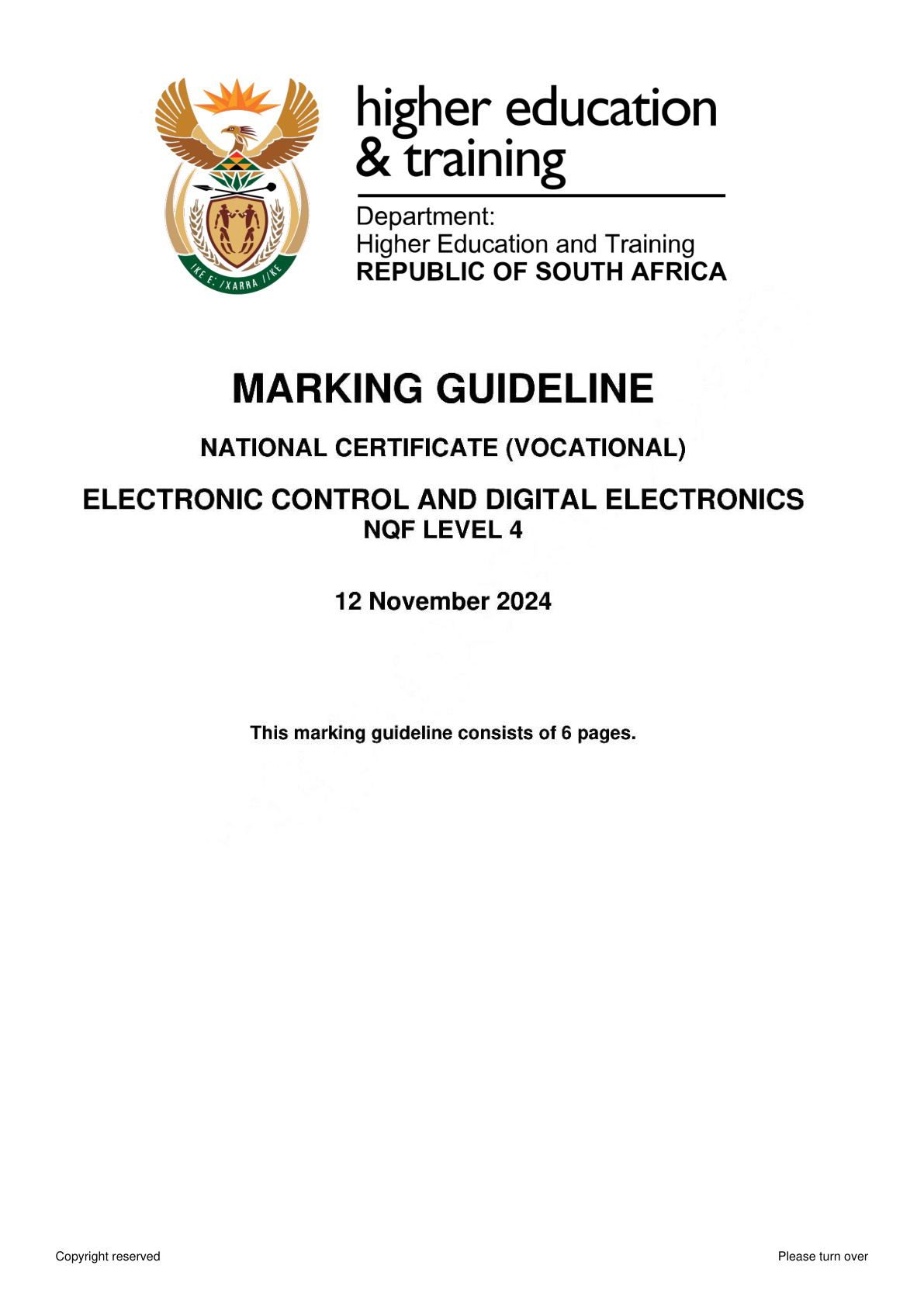 Electronic Control and Digital Electronics Level 4 DHET NCV November 2024 - Memo