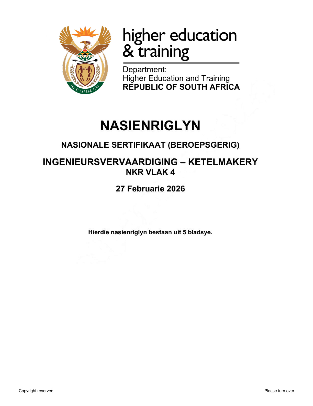Engineering Fabrication: Boilermaking Level 4 DHET NCV 2026 - Memo