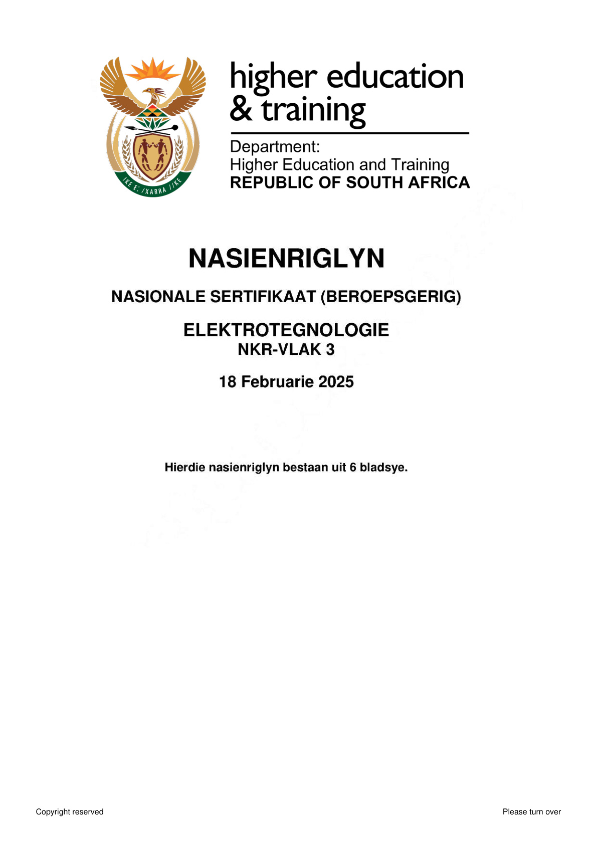 Electrotechnology Level 3 DHET NCV February 2025 - Memo
