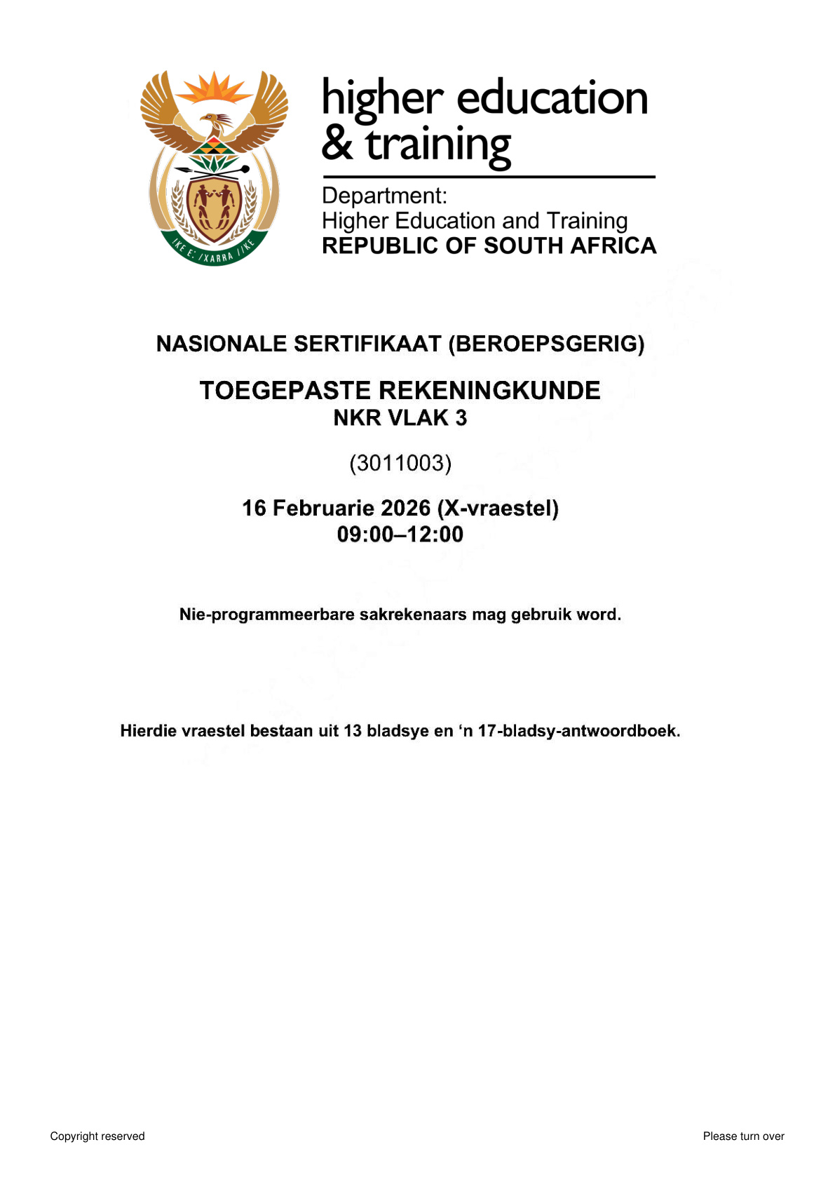 Applied Accounting Level 3 DHET NCV 2026 - Question Paper