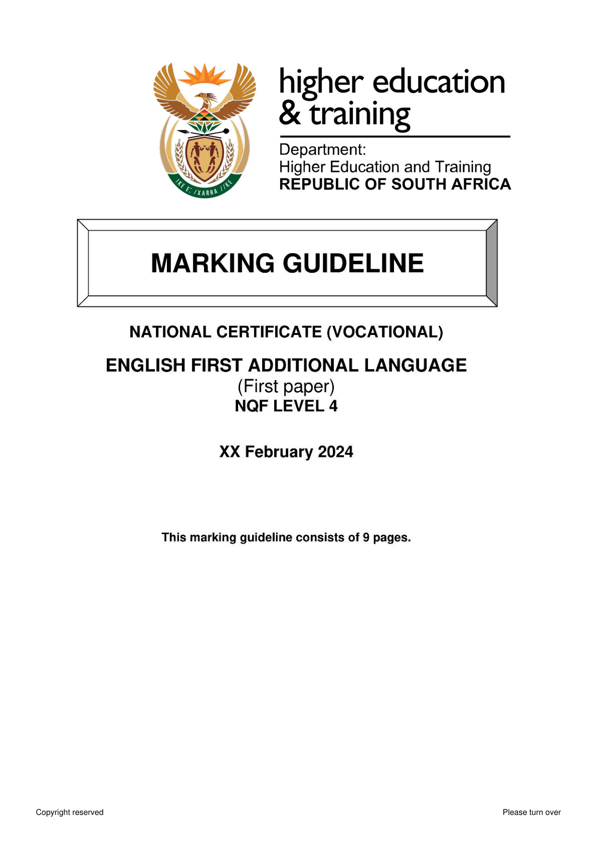 English First Additional Language Level 4 DHET NCV 2024 Paper 1 - Memo