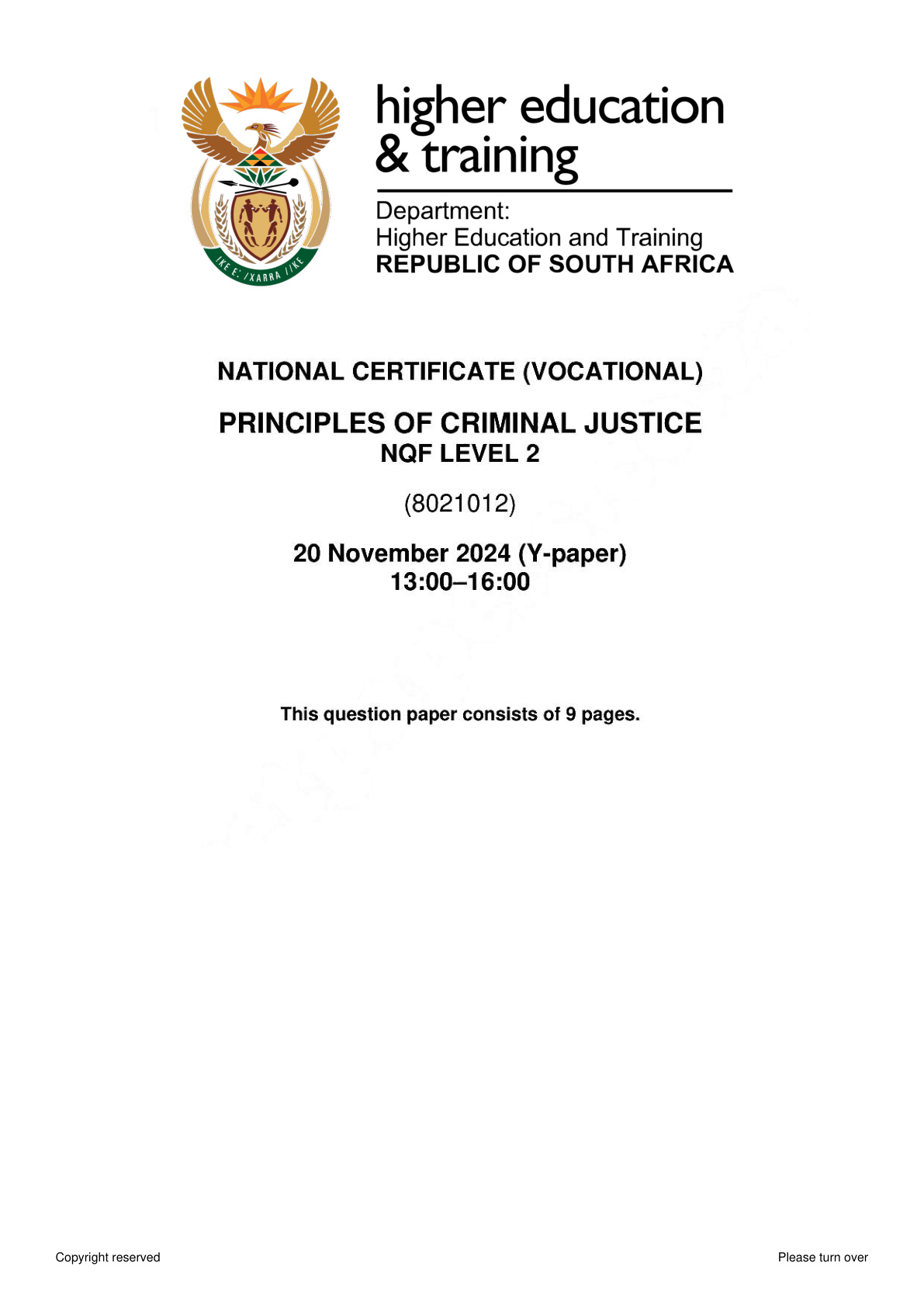 Principles of Criminal Justice Level 2 DHET NCV November 2024 - Question Paper
