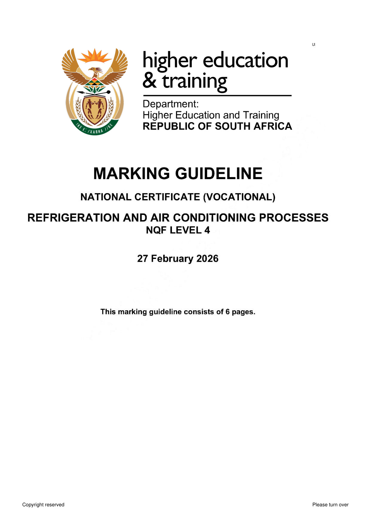Refrigeration and Air Conditioning Processes Level 4 DHET NCV February 2026 - Memo