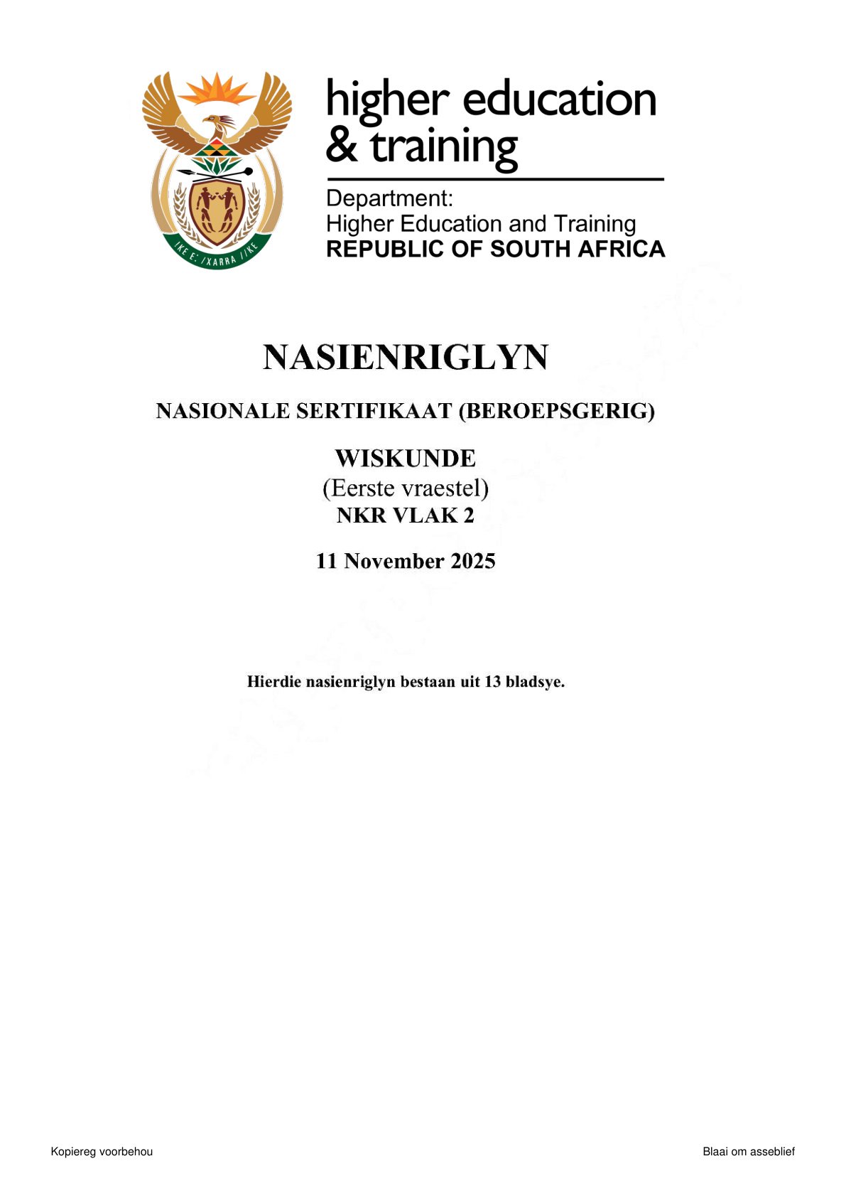 Mathematics Level 2 DHET NCV November 2025 Paper 1 - Memo