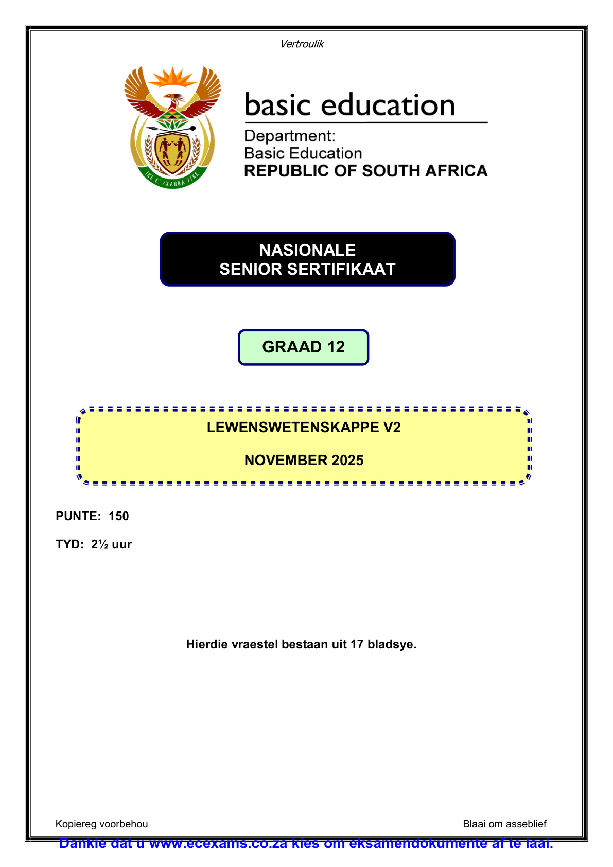 Life Sciences Grade 12 DBE NSC November 2025 Paper 2 - Question Paper (Eastern Cape)
