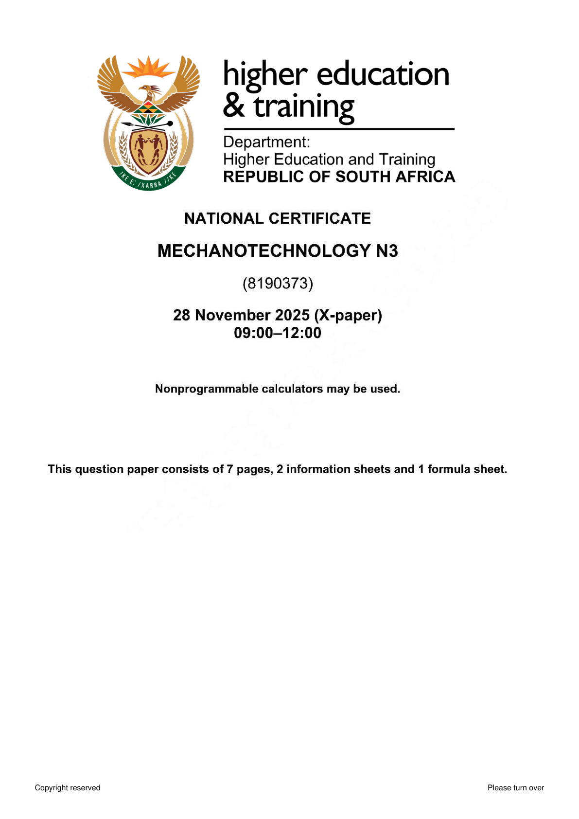 Mechanotechnology N3 DHET NATED November 2025 Paper X - Question Paper