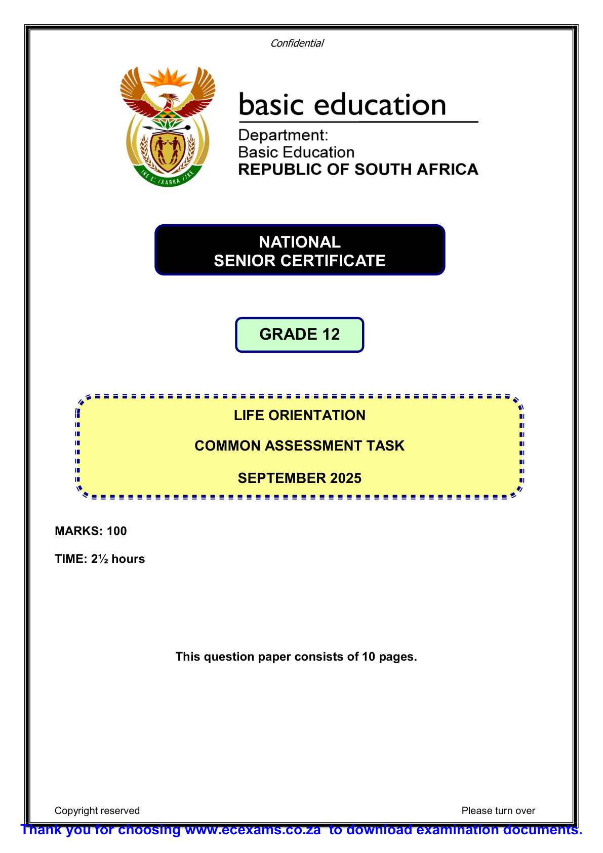 Life Orientation Grade 12 DBE NSC September 2025 - Question Paper (Eastern Cape)