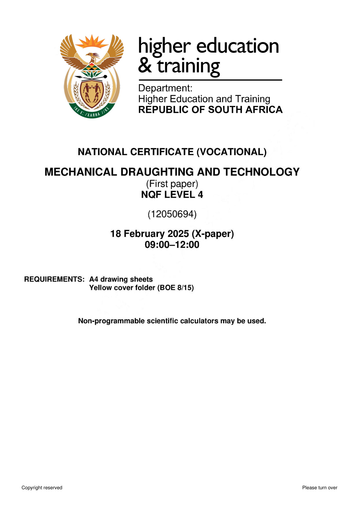 Mechanical Draughting and Technology Level 4 DHET NCV February 2025 Paper 1 - Question Paper