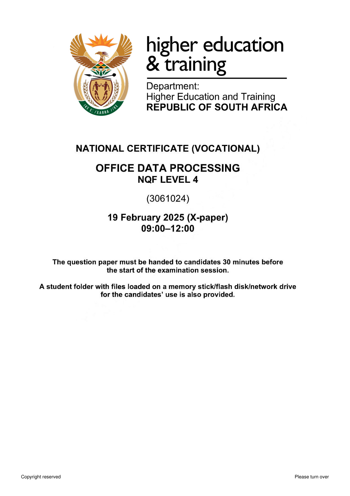 Office Data Processing Level 4 DHET NCV 2026 - Question Paper