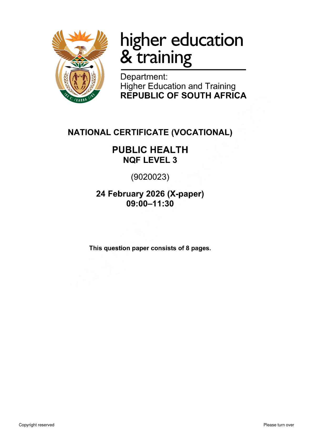 Public Health Level 3 DHET NCV 2026 - Question Paper