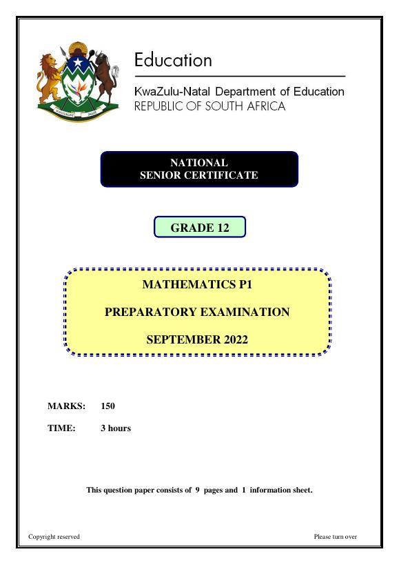 Grade 12 Maths Kzn Sept 2022 Paper 1 (Eng)