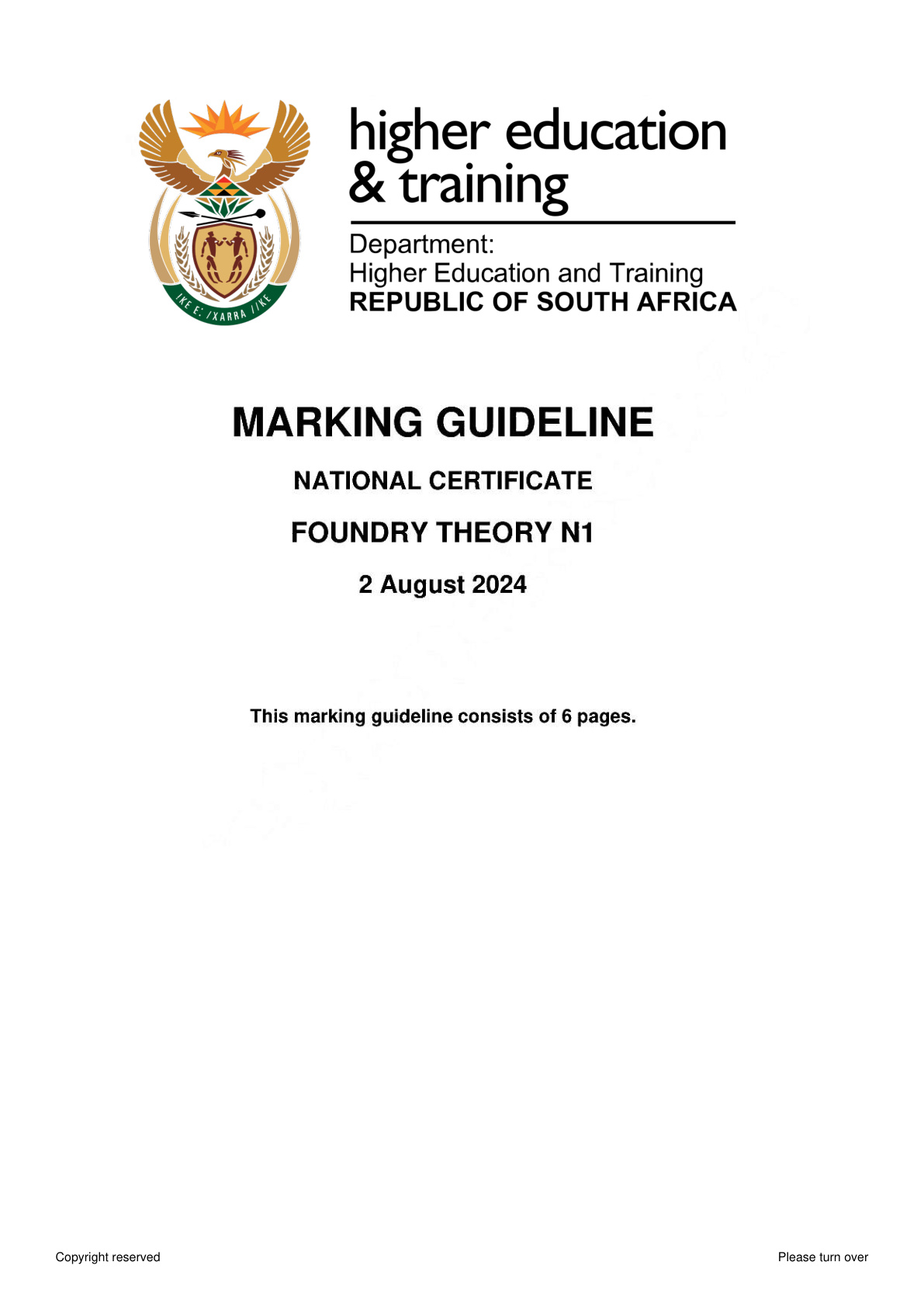 Moulders' Theory N1 DHET NATED August 2024 - Memo