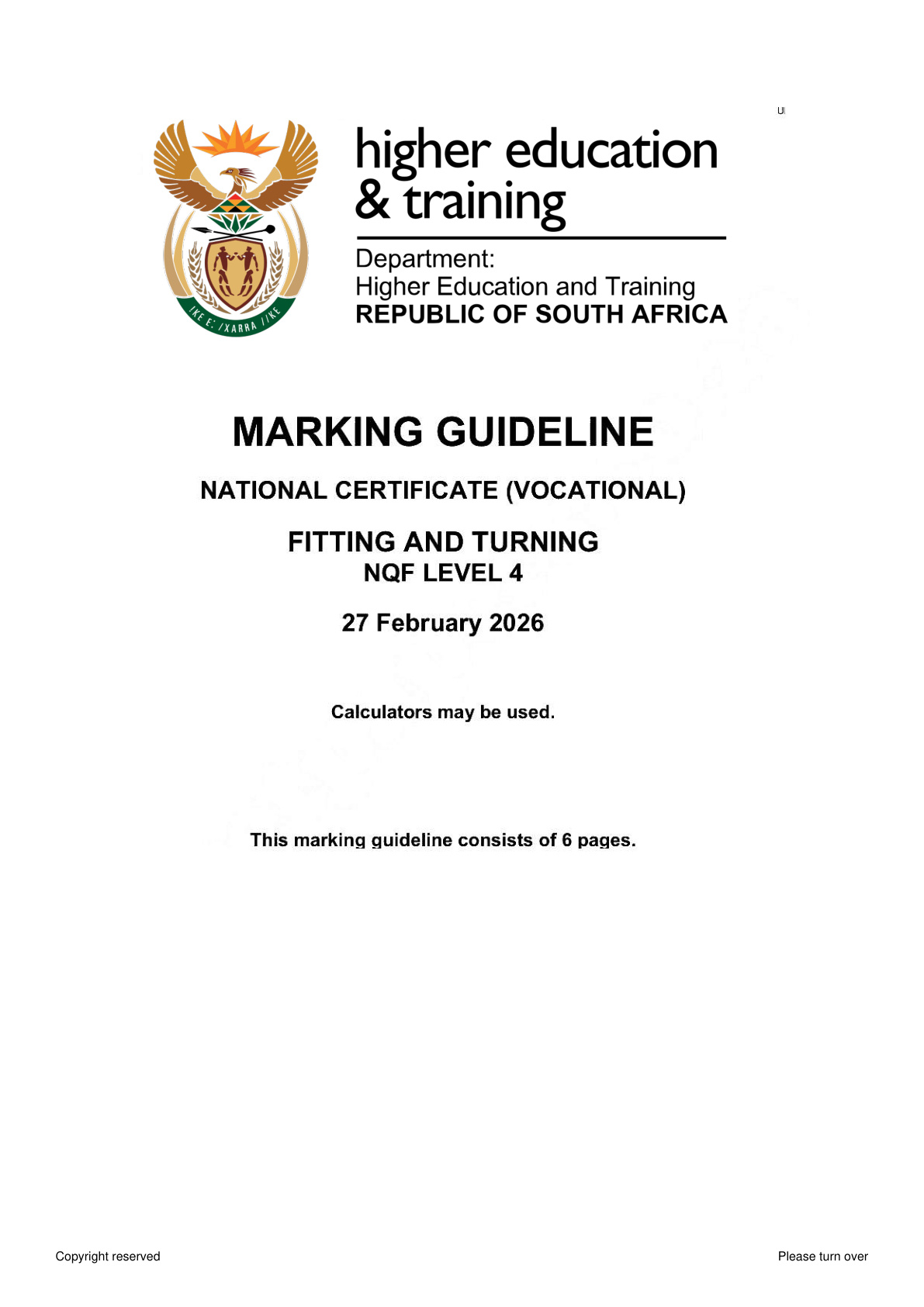 Fitting and Turning Level 4 DHET NCV February 2026 - Memo
