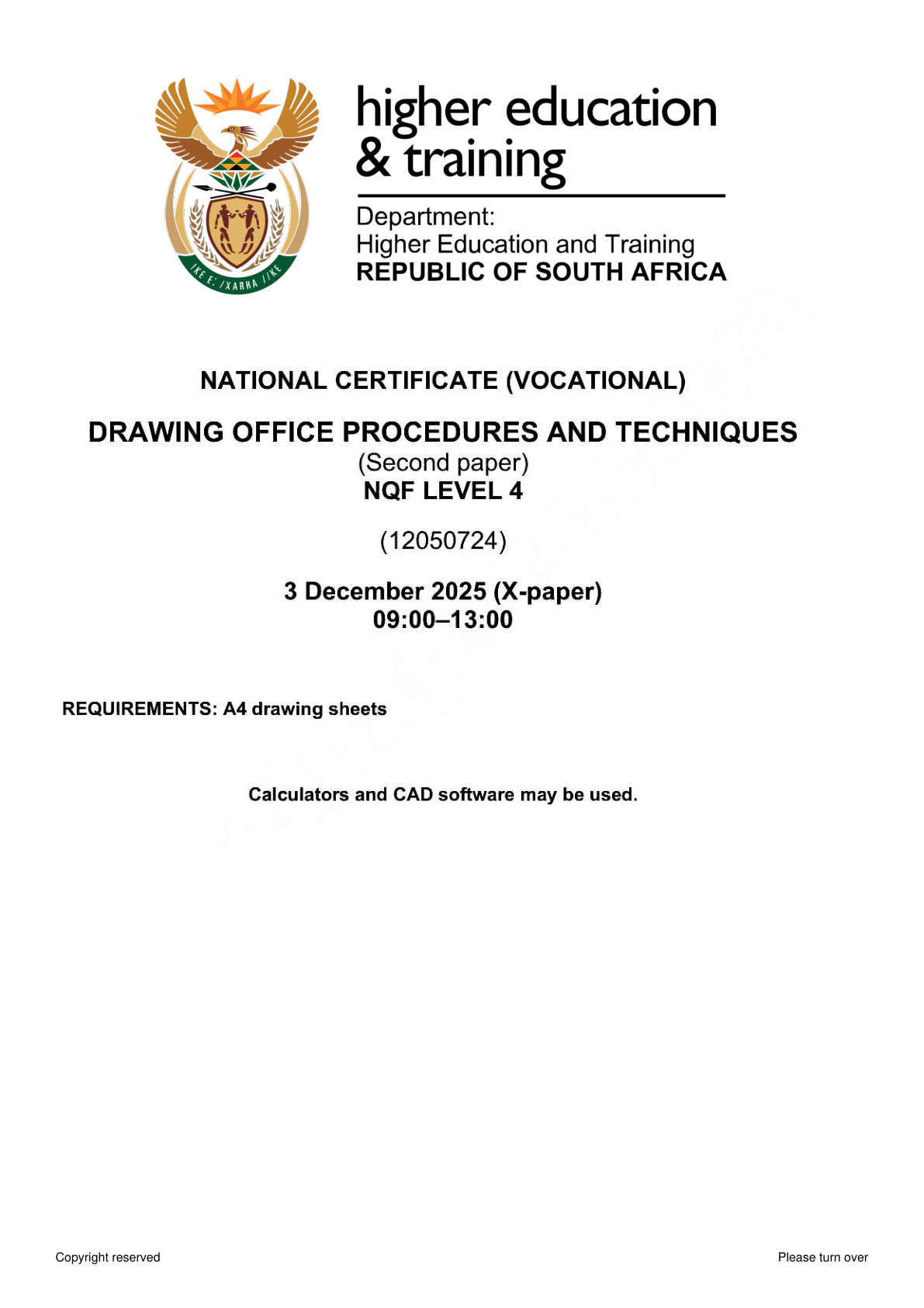 Drawing Office Procedures and Techniques Level 4 DHET NCV November 2025 Paper 2 - Question Paper