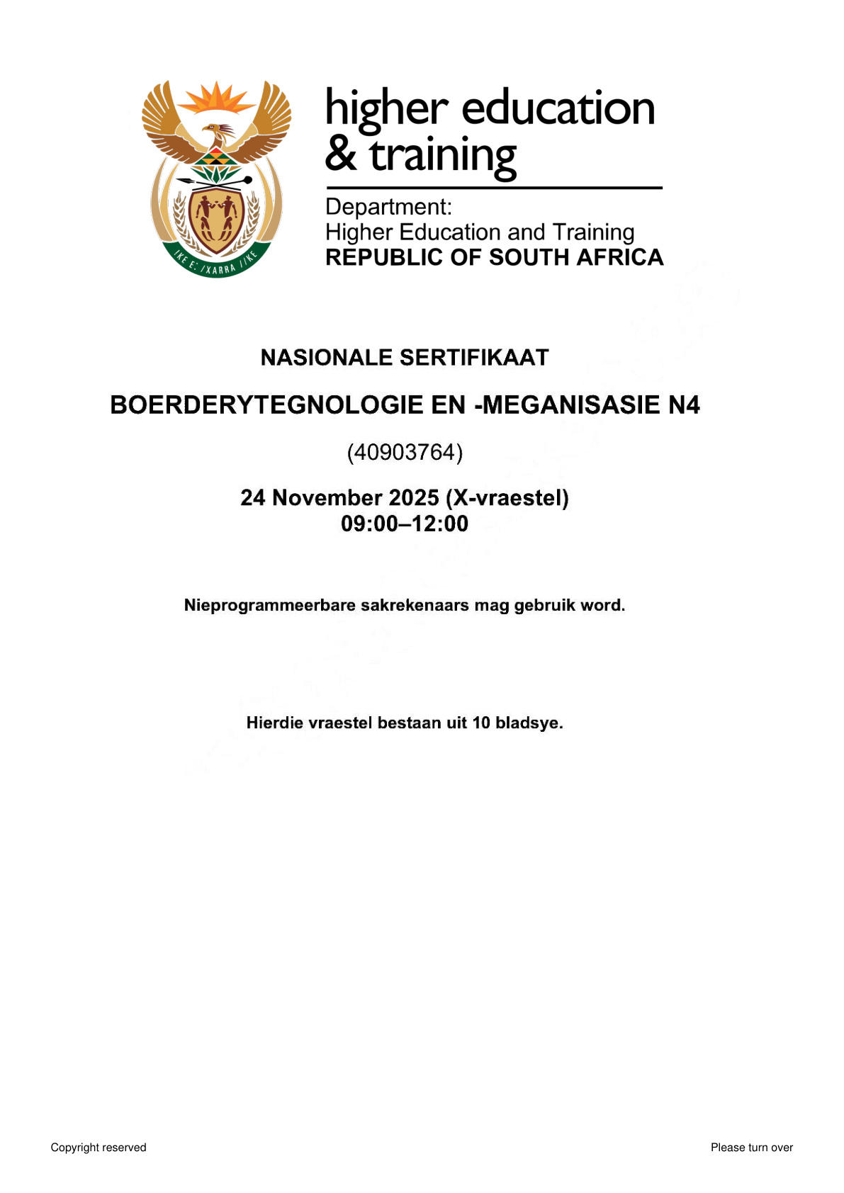 Farming Technology and Mechanisation N4 DHET NATED November 2025 Paper X - Question Paper