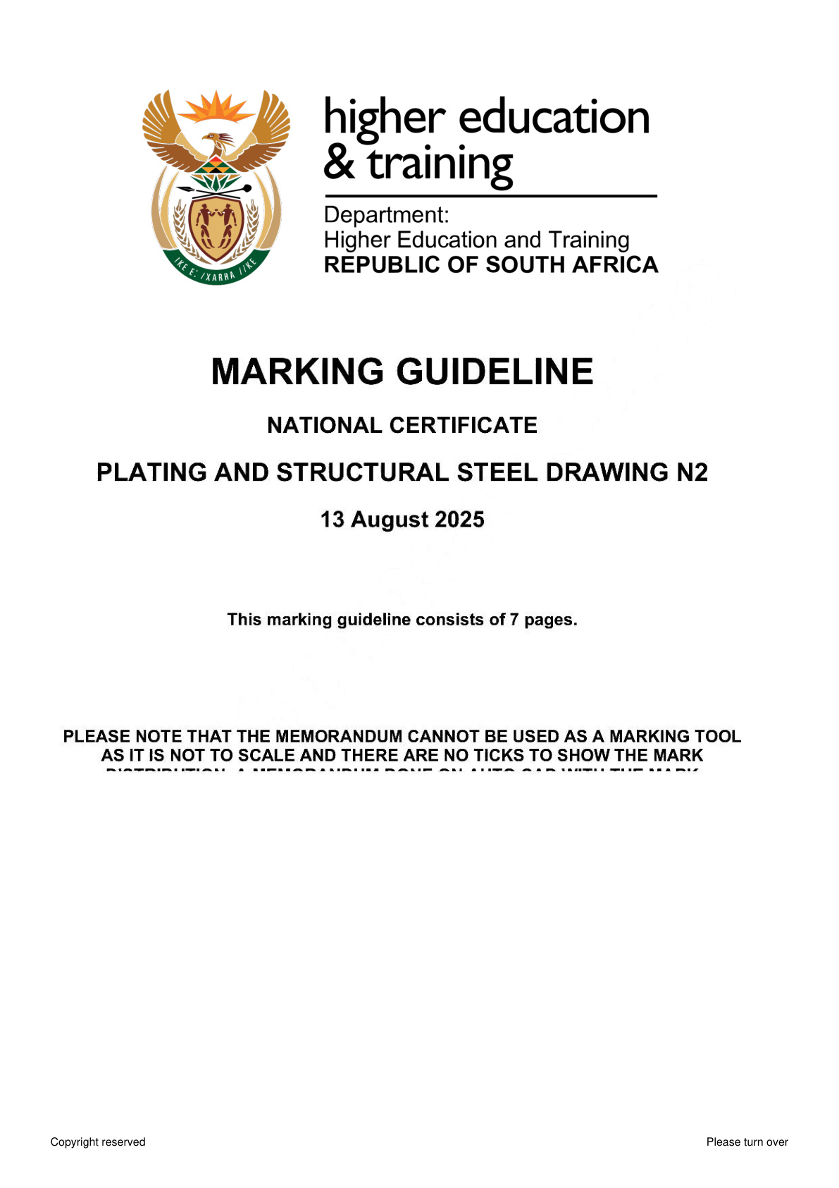 Plating and Structural Steel Drawing N2 DHET NATED August 2025 - Memo