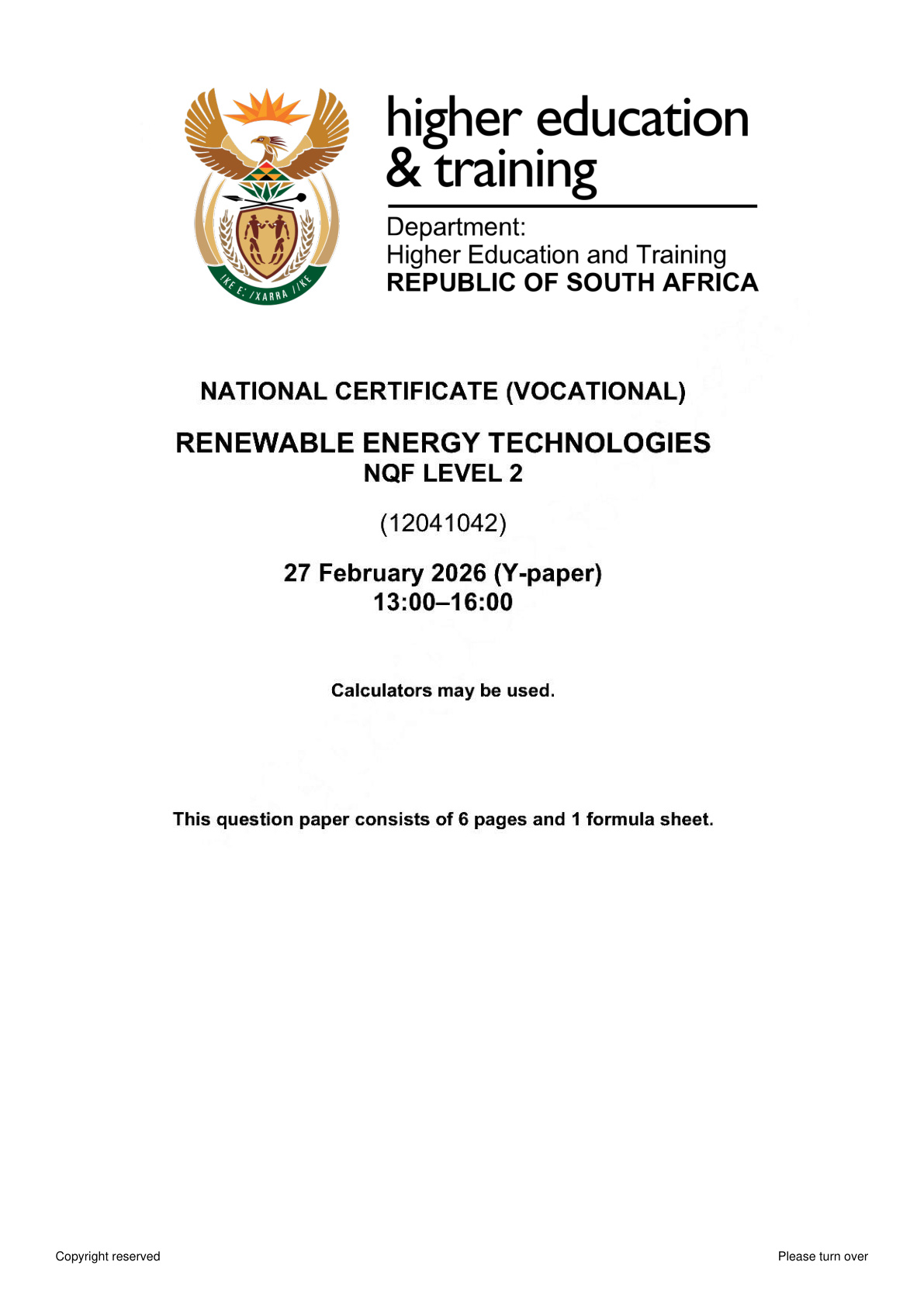 Renewable Energy Technologies Level 2 DHET NCV 2026 - Question Paper