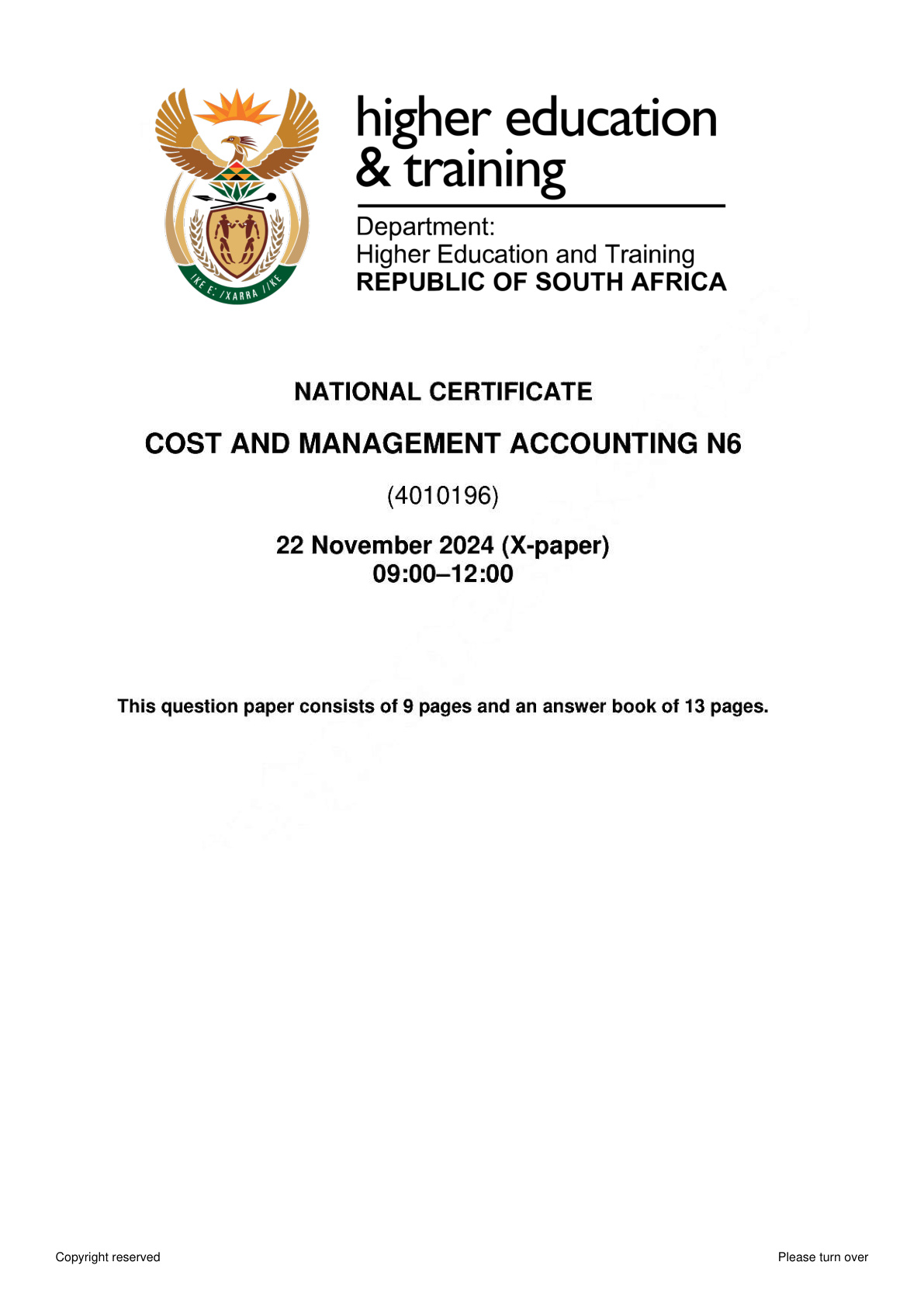 Cost And Management Accounting N6 Dhet Nated 2024 - Answer Book